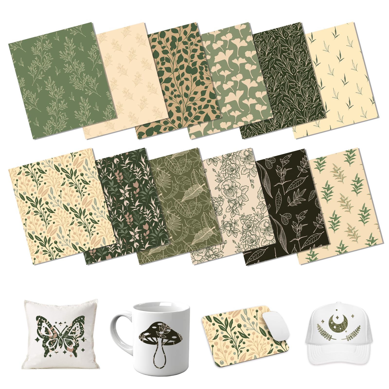 Papel de tinta de transferencia de sublimación verde, 12 hojas de 12 x 10 pulgadas, hojas de transferencia de sublimación con patrón de estilo bohemio para vasos, tazas, papel estampado de