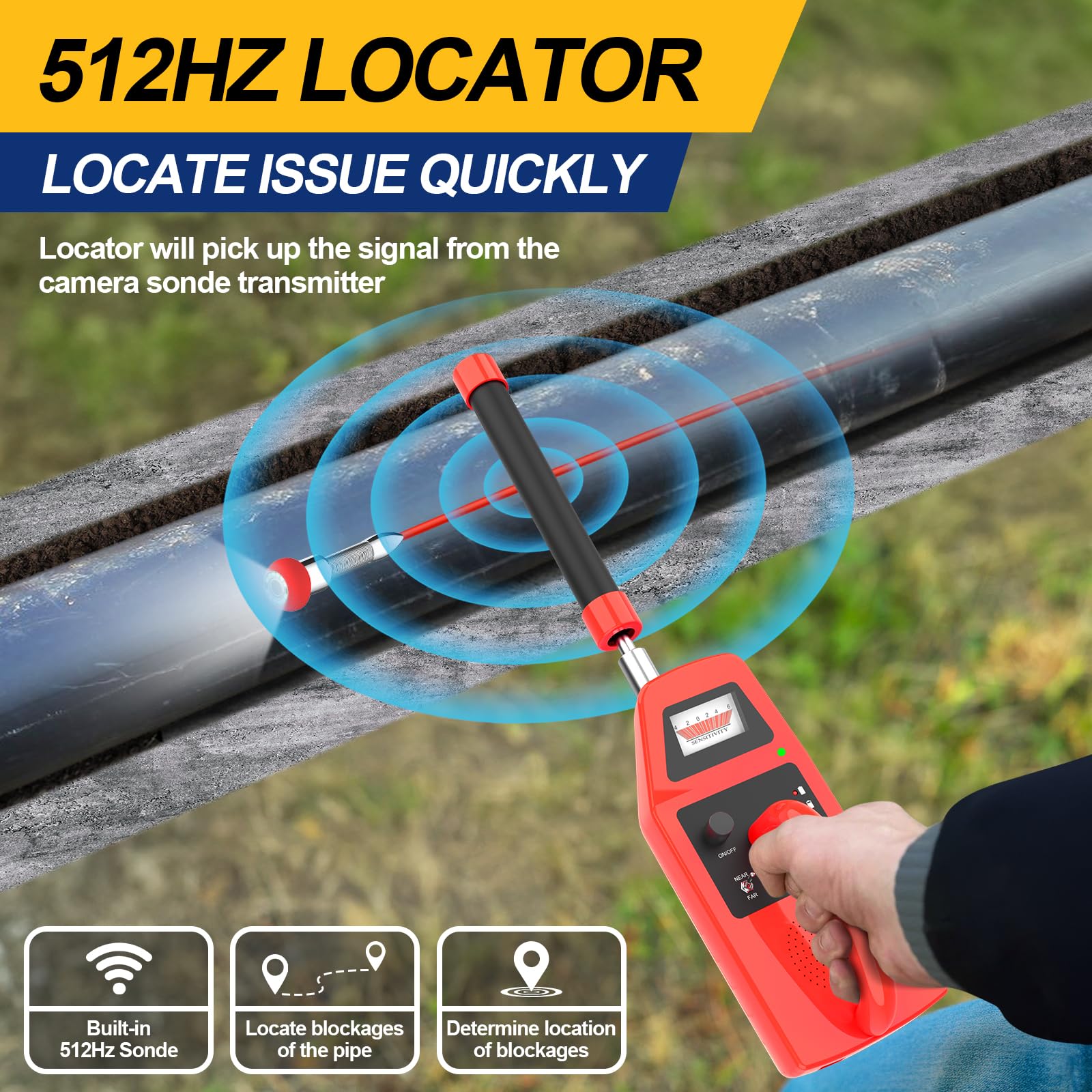 Anysun Cámara de alcantarillado todo en 1 autonivelante con localizador y ruedas giratorias, contador de distancias, cable rojo de 7 mm (150 pies)