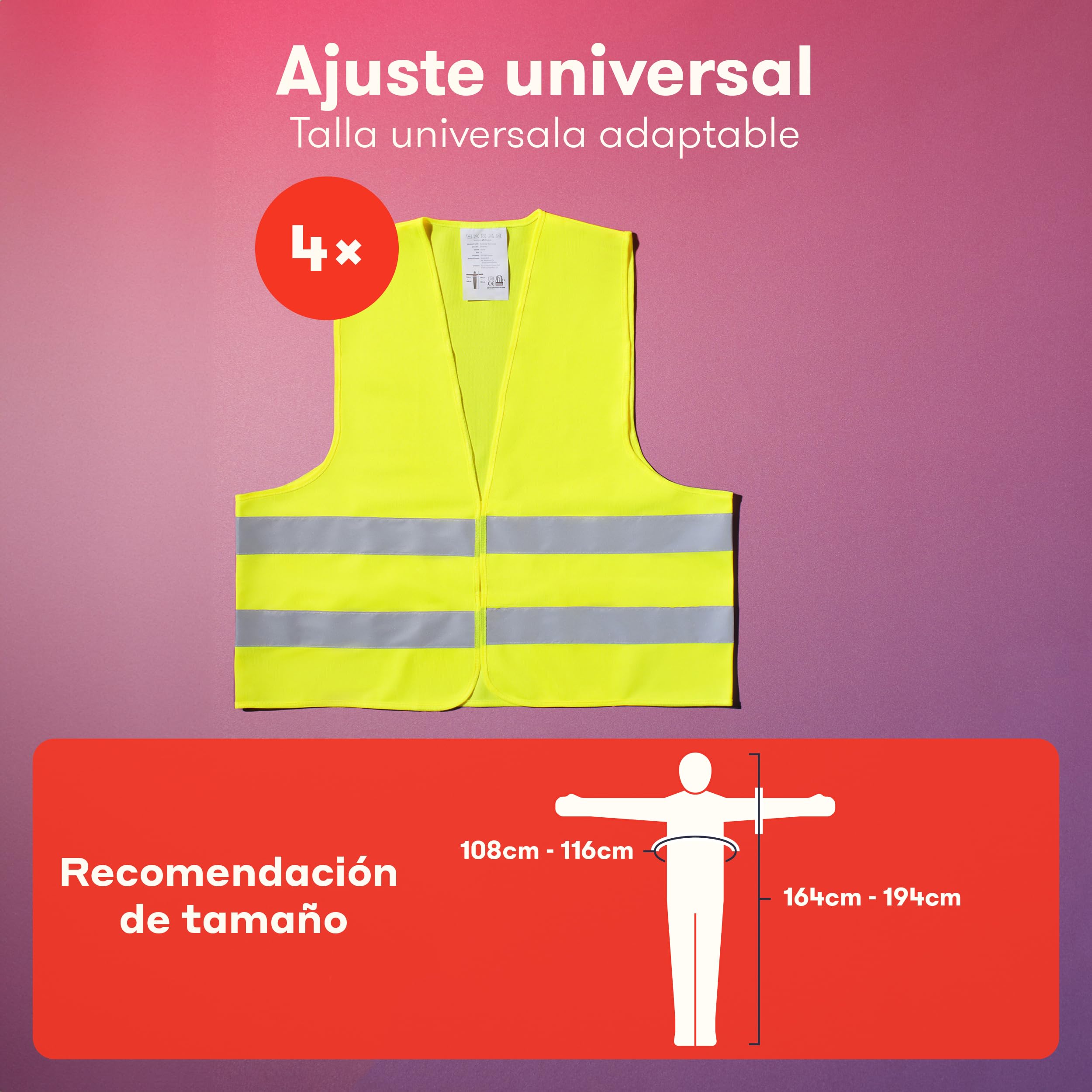 PURAHELP Set de 4 Chalecos Reflectantes para Coche - Alta Visibilidad - Conforme a la Normativa Europea EN ISO 20471 - Chalecos de Seguridad Amarillos - Chalecos de Seguridad para Adultos