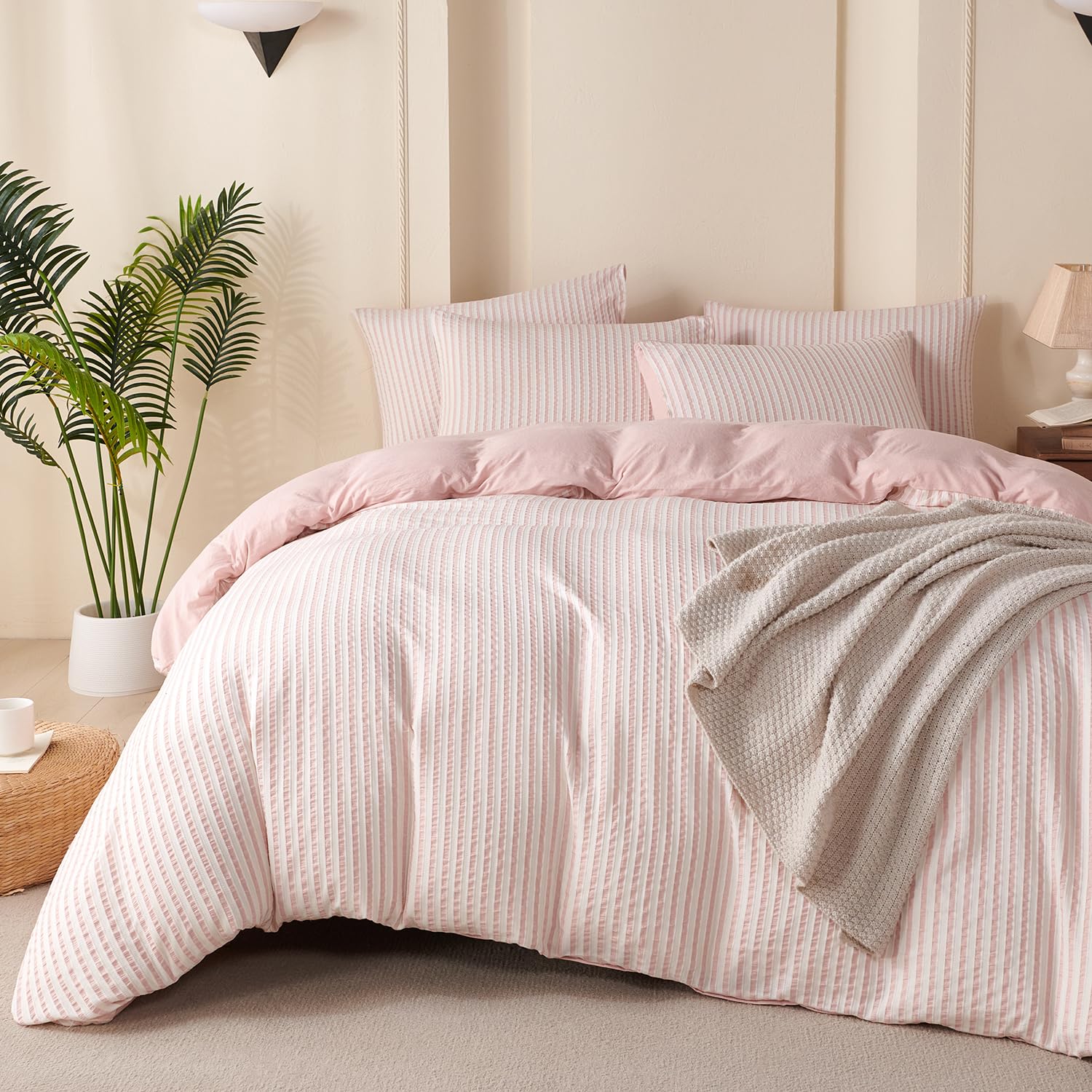 Striped Duvet Cover Set King Pink Washed Microfiber Jacquard 3 Pieces Bedding Set, White Pink Vertical Ticking Stripes Pattern Comforter Cover with Zipper Closure Breathable Durable Soft Comfy-image-31