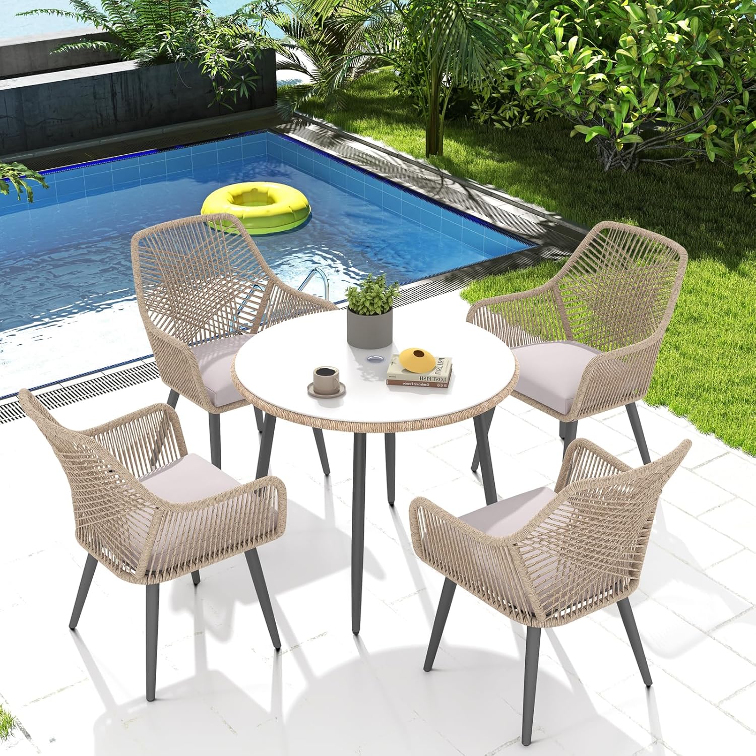 Patiorama 5-Piece Patio Dining Set, Outdoor Dining Table Chair Set, All-Weather Twisted Rattan Wicker Rope Conversation Set, Patio Furniture Set w/Umbrella Hole,Cushioned Chairs&Table(Tan&Cross Back)