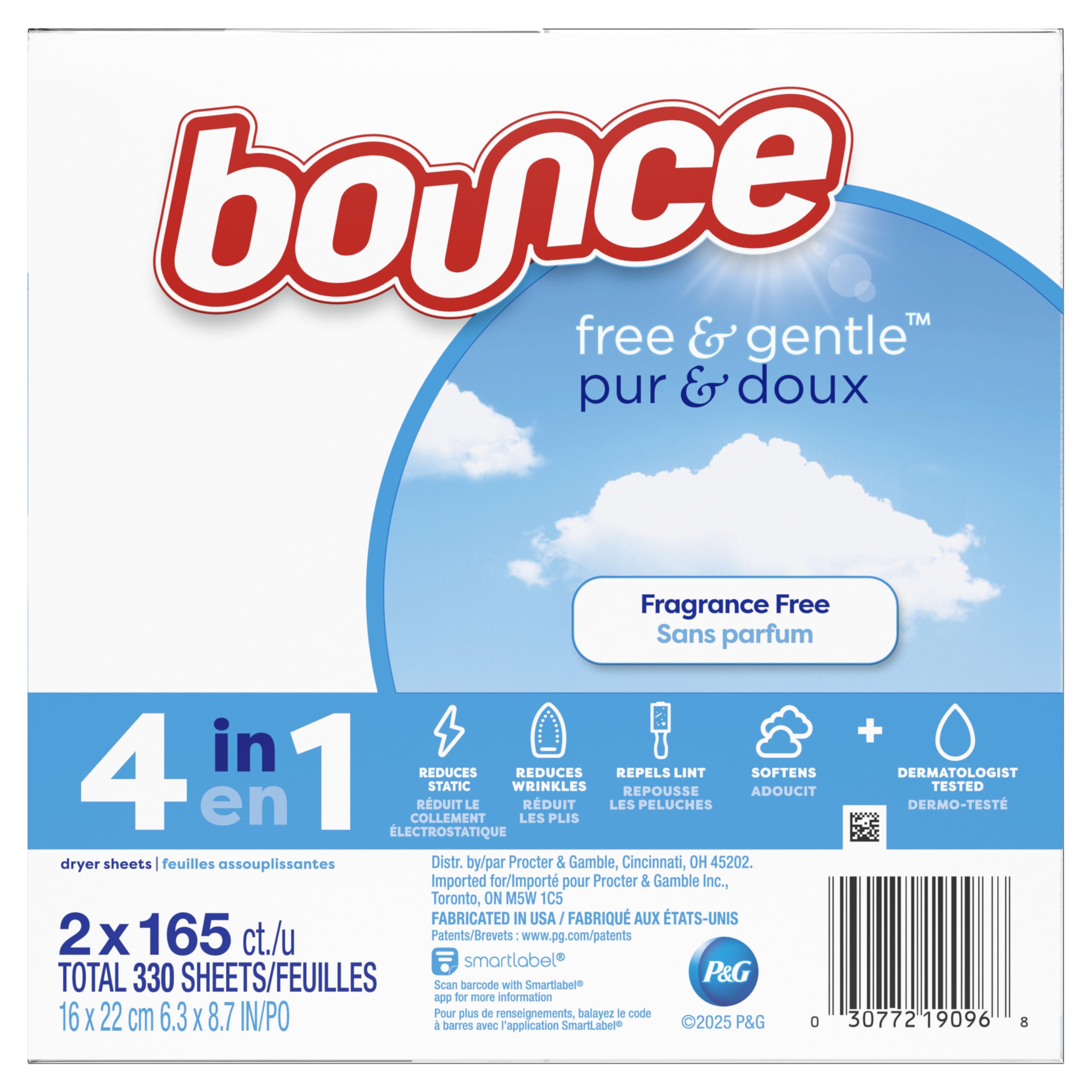Bounce Free & Gentle – Toallitas de secado – sin perfume · 330 unidades de toallitas suavizantes para la secadora · Para pieles sensibles · Antiestático