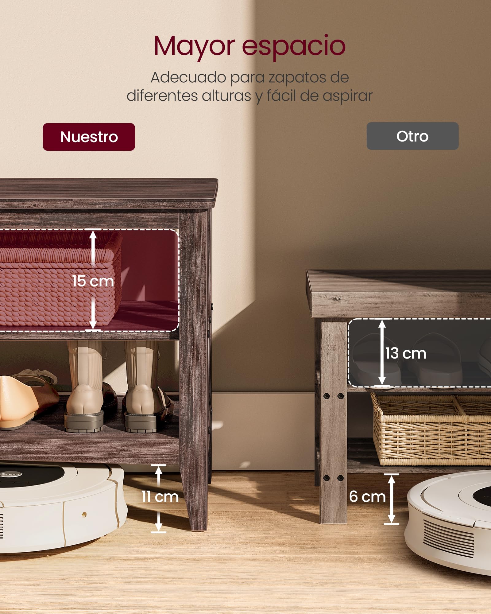Vasagle Zapatos, Banco para Pasillo, Zapatero de 2 Niveles, 30 x 100 x 48 cm, Soporta hasta 272 kg, Estilo Rural, para Salón, Dormitorio, Granate LSB153K51, Marrón Miel, 30 x 100 x 48cm