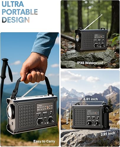Miniatura 9 de Radio meteorológica de emergencia mejorada, manivela de mano y energía solar, radio NOAAAMFM con alerta meteorológica, cargador USB portátil,