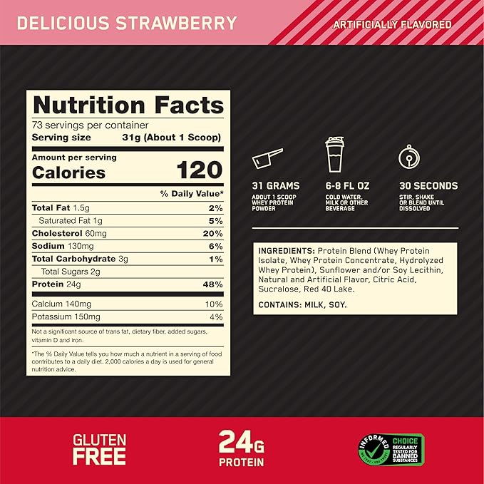 Optimum Nutrition Gold Standard 100% Whey Protein Powder is a popular dietary supplement designed to support muscle recovery and overall protein intake. This particular product comes in a 670g tub, providing approximately 22 servings, with each serving offering 24 grams of high-quality whey protein. The whey protein blend includes primarily whey protein isolates, which are noted for their purity and rapid absorption properties. The powder also contains other bioactive compounds that contribute to muscle growth and repair.