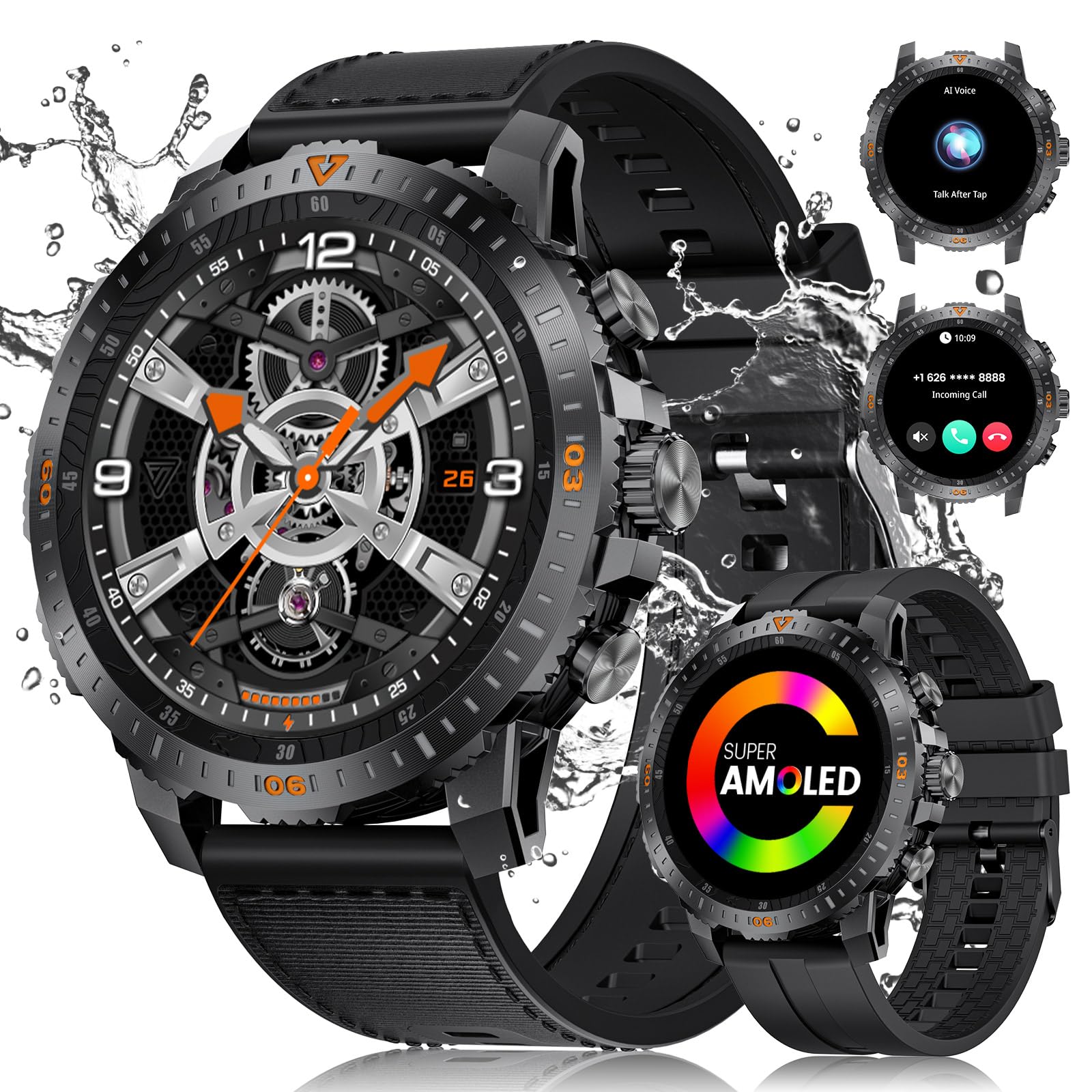 ESFOE Smartwatch Uomo,2 Cinturini,500mAh Batteria 1.43" AMOLED Orologio Smartwatch Uomo con Chiamate Bluetooth,Smart Watch Militari Tracker con 100+ Modalità Sportive,Sonno/Cardiofrequenzimetro