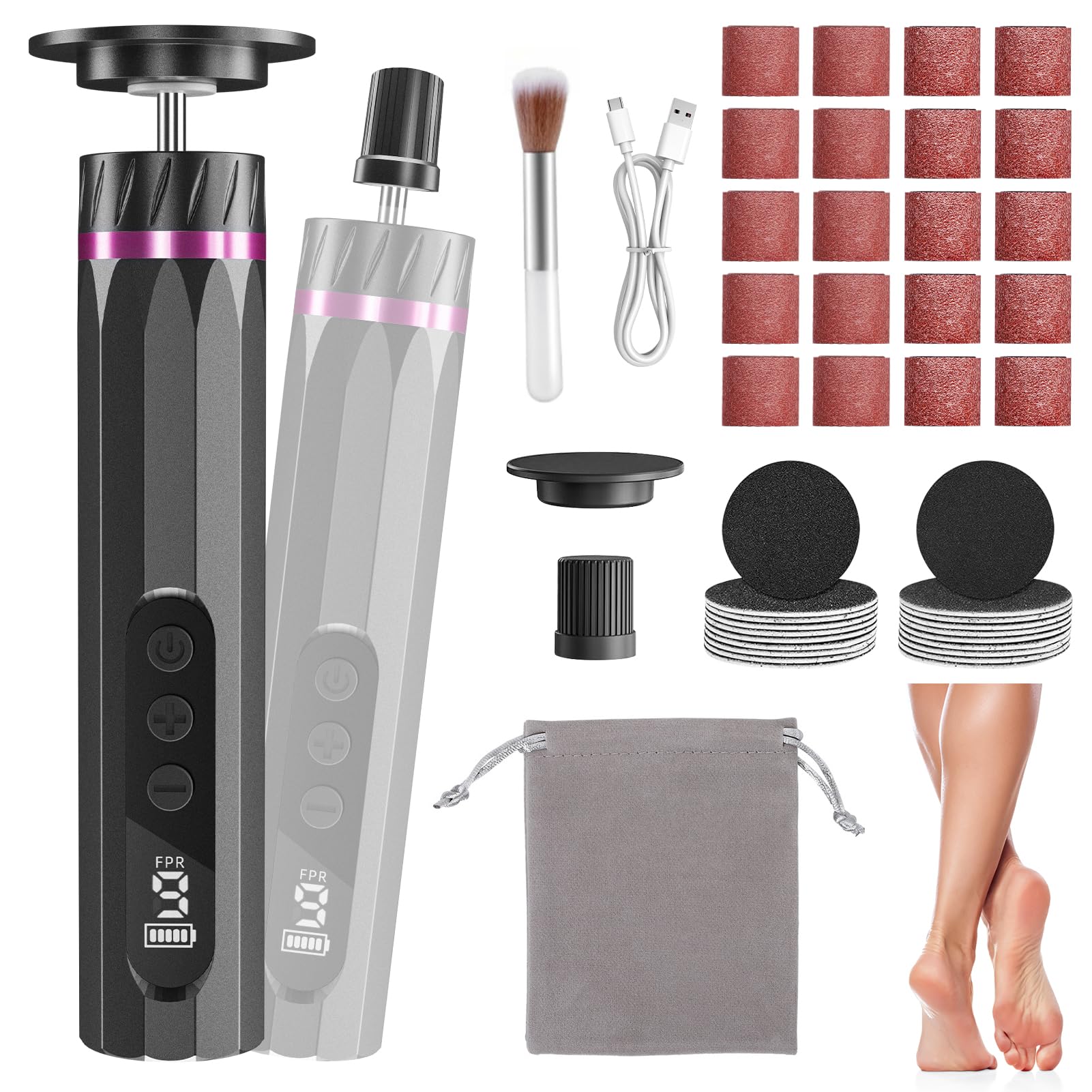 Rimozione calli elettrico 2 in 1, Foot Glow, piede con lime intercambiabili, 9 velocità regolabile, per pelle morta e screpolata
