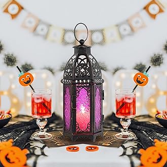 DECORKEY Halloween Lanterns Decorations Indoor & Outdoor, 11’’ Medium Size Vintage Metal Hanging&Tabletop Candle Holder Decor, Christmas Ramadan Decorations for Home Porch Patio (Purple)
