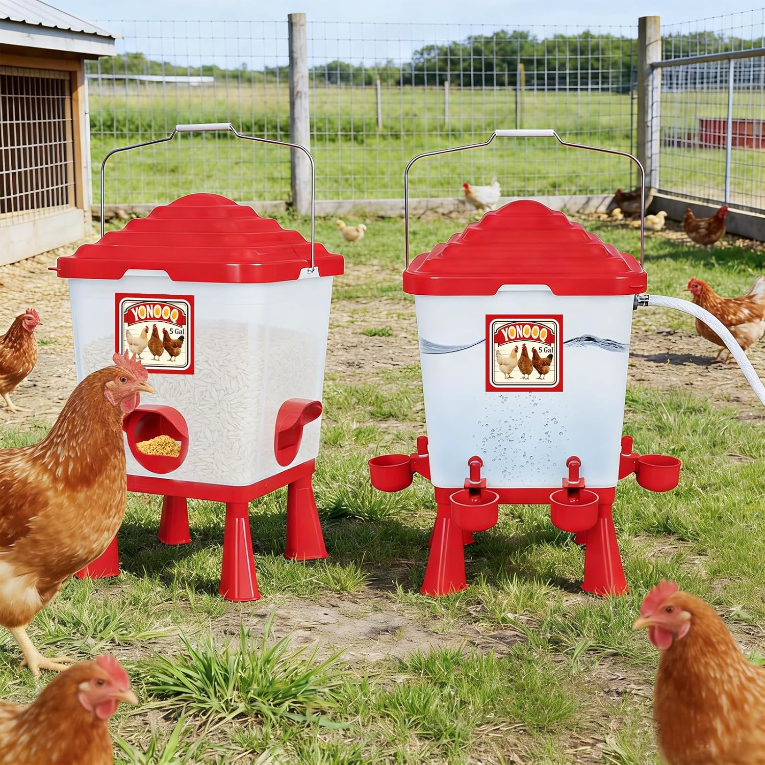 5 Gallon/26 Pounds Automatic Chicken Feeder and Waterer Set, Chicken Waterer with Automatic Float Valve, No Waste, Rain Proof Poultry Feeder, Chick Coop Accessories, for Chicken, Duck, Turkey