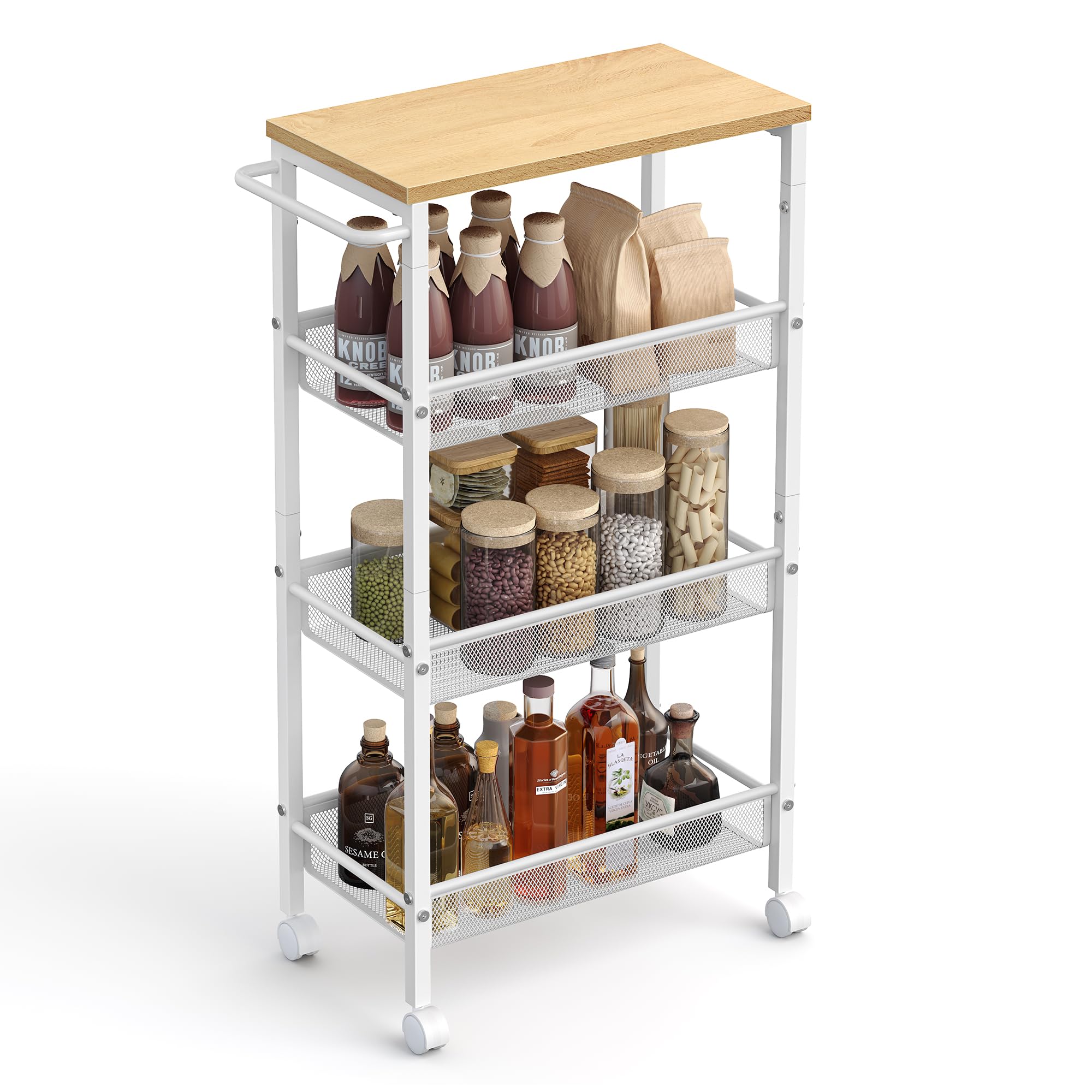 VASAGLE 4-Tier Trolley, Space-Saving Kitchen Cart with Castors, 22 cm Deep, Steel Frame, Handle, Trolley for Small Spaces, Kitchen Bathroom Living Room Studio, Oak Beige and White LRC033W09 โ image 1