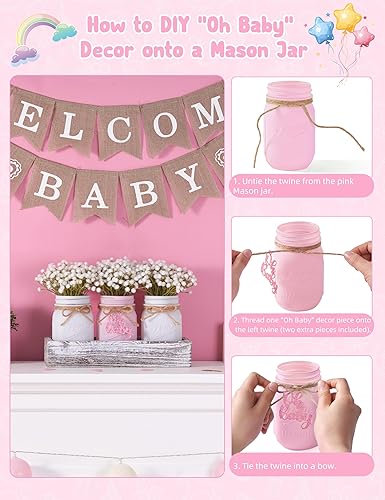 Miniatura 3 de Decoraciones de baby shower para niña, centros de mesa para niñas con aliento de bebé, flores artificiales, tarros de masón, bandeja de madera de