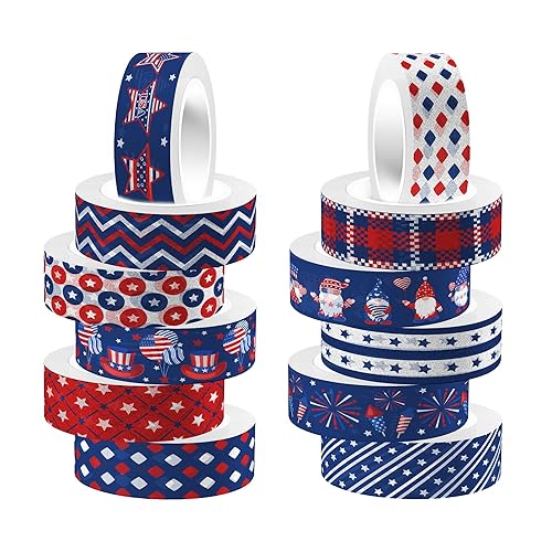Washi Tape - Juego de 12 rollos de cinta Washi cinta de embalaje patriótica de la bandera estadounidense, cinta adhesiva de papel decorativo, cinta