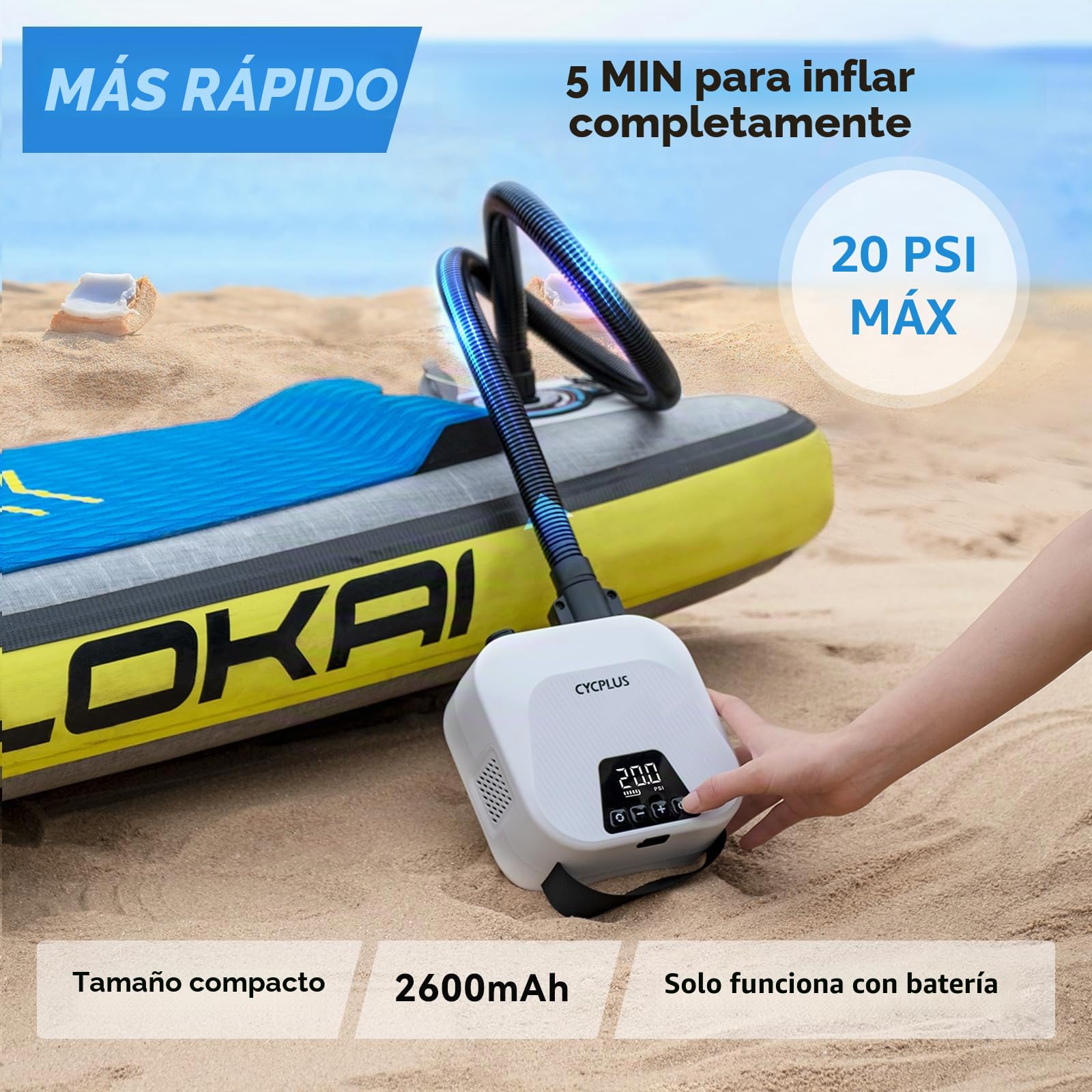 CYCPLUS Bomba de Aire Inteligente 20PSI para Sup, con Batería Recargable y Función de Inflado/Desinflado Inteligente. Ideal para Tablas de Paddle, Cometas, Tiendas de Campaña y Colchones