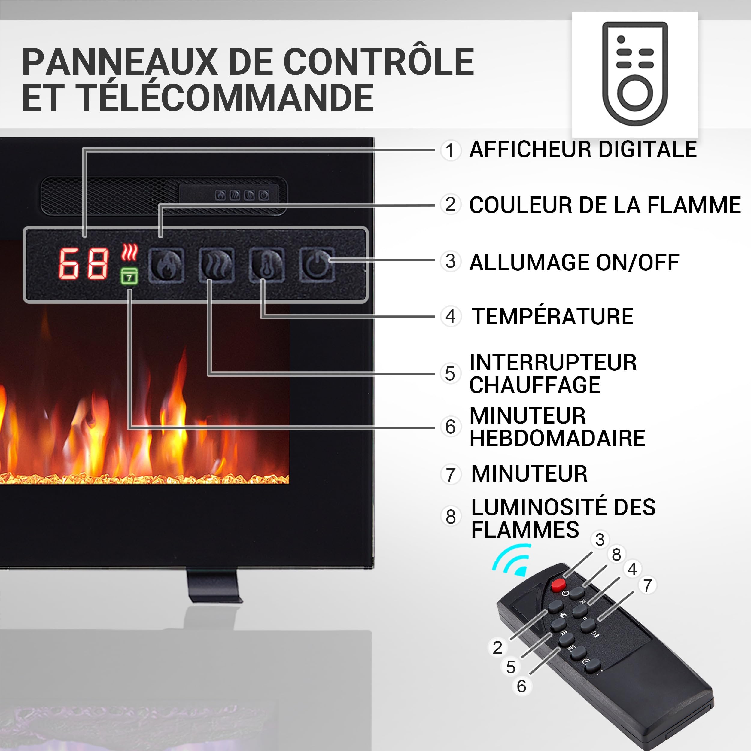 BALDERIA cheminée électrique Leif 40" | Foyer électrique Mural avec Effet de Flammes 3D | Chauffage 2000W, éclairage LED | Cheminée encastrable avec télécommande, minuteur & Thermostat | Noir