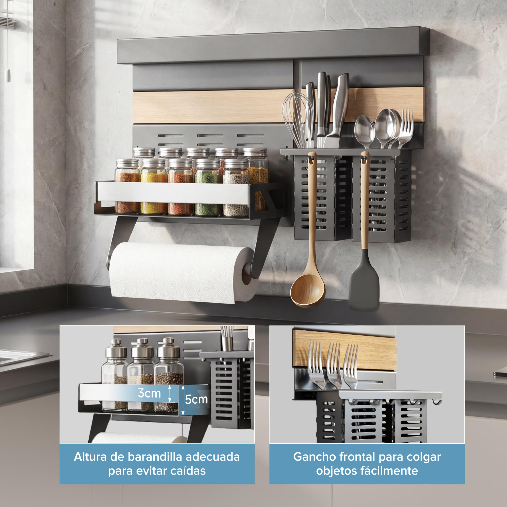 doporro Estante de Cocina Gris con Riel de Aluminio 52 cm, Organizador en Acero Galvanizado Desmontable, con Estante de Especias, Soporte para Papel, Portautensilios y Ganchos