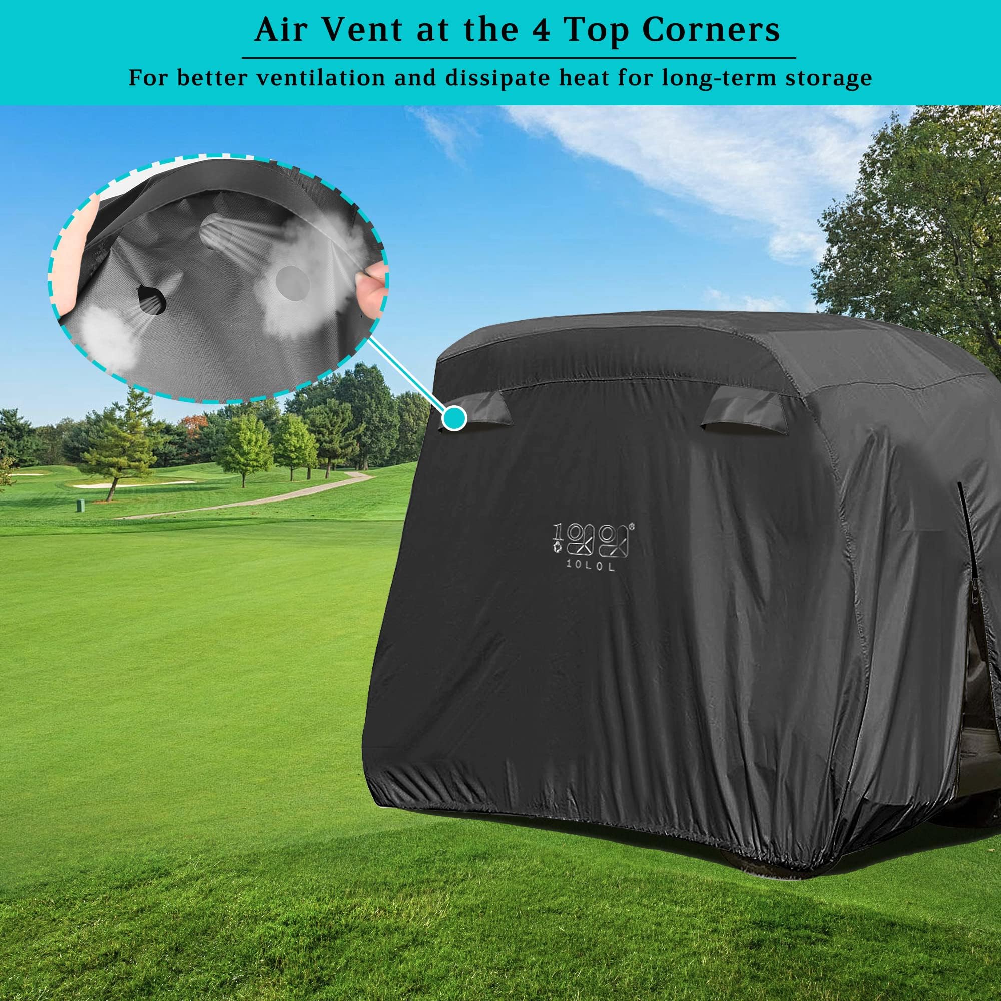 10L0L 4 passeggeri Golf Cart Copertura per Yamaha/EZGO/Club Car, 400D Impermeabile Resistente Custodia in Poliestere con 3 Porte con Cerniera Antivento Sunproof Nero