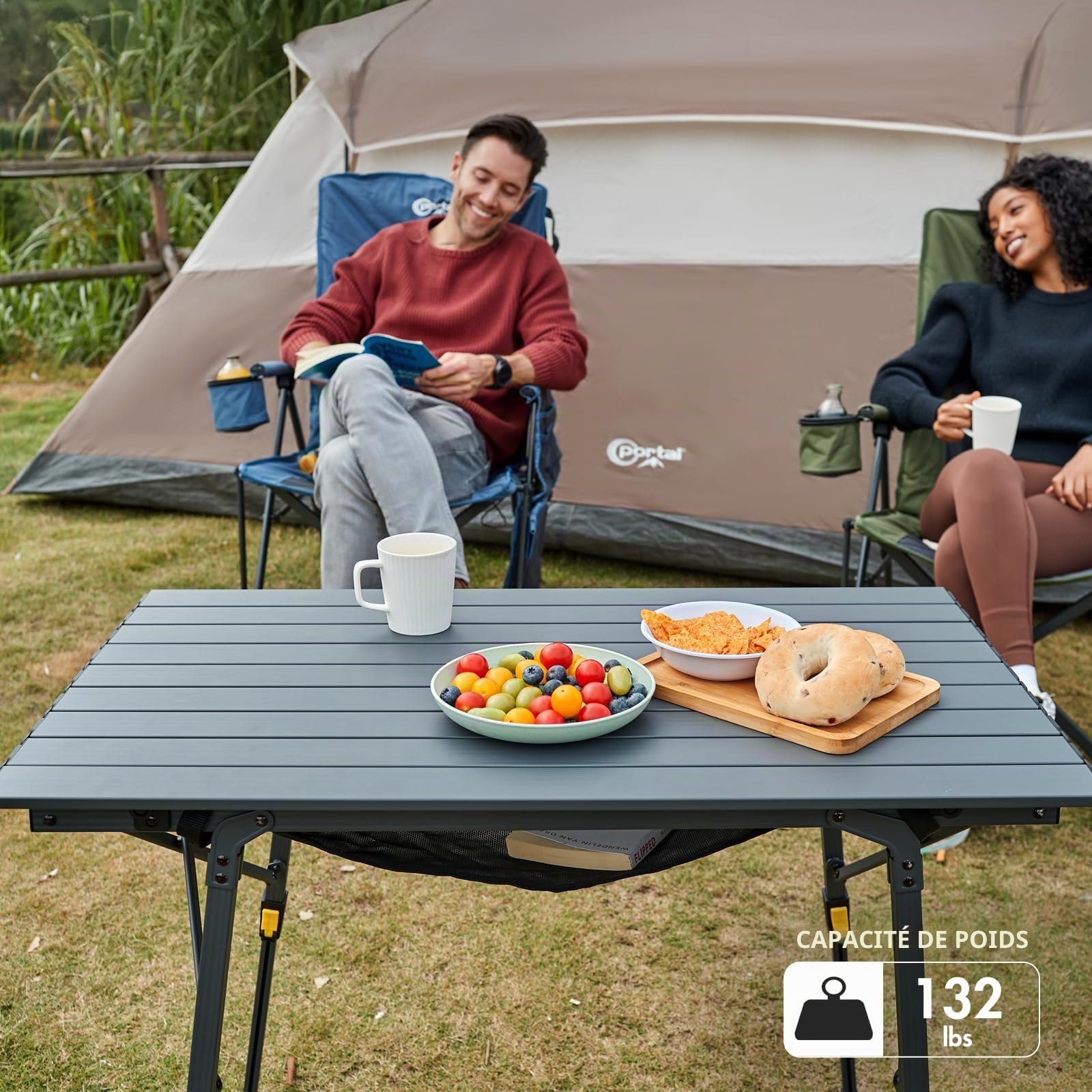 Portal Table de camping pliante réglable en aluminium 90 x 53 cm pour 4 personnes