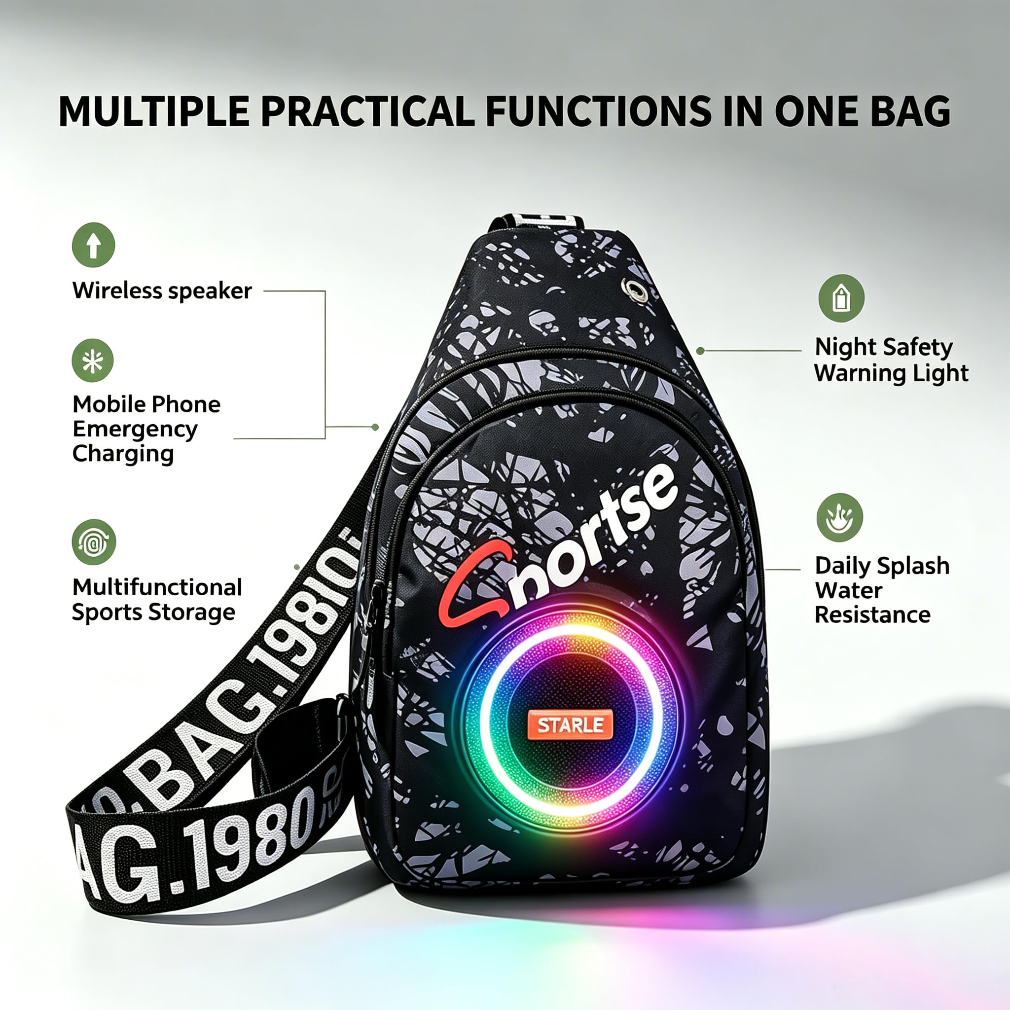 JACKLY Kabelloser Lautsprecher-Rucksack mit LED-Sicherheitslicht und Powerbank, wasserdicht, Radfahren, Wandern, Tagesrucksack, Schwarz, Small, Sportlich