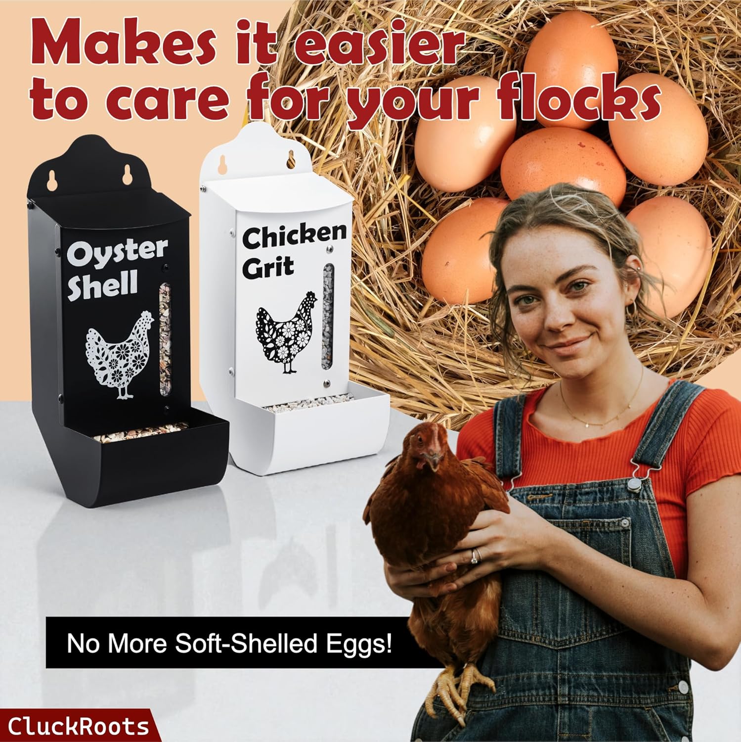 CluckRoots Chicken Grit and Oyster Shell Feeder Combo, No-Spill Weatherproof Heavy-Duty Design, Lift-Off Wall-Mounted Metal Dispenser w/View Window, Chicken Coop Accessories Gifts for Lovers Women