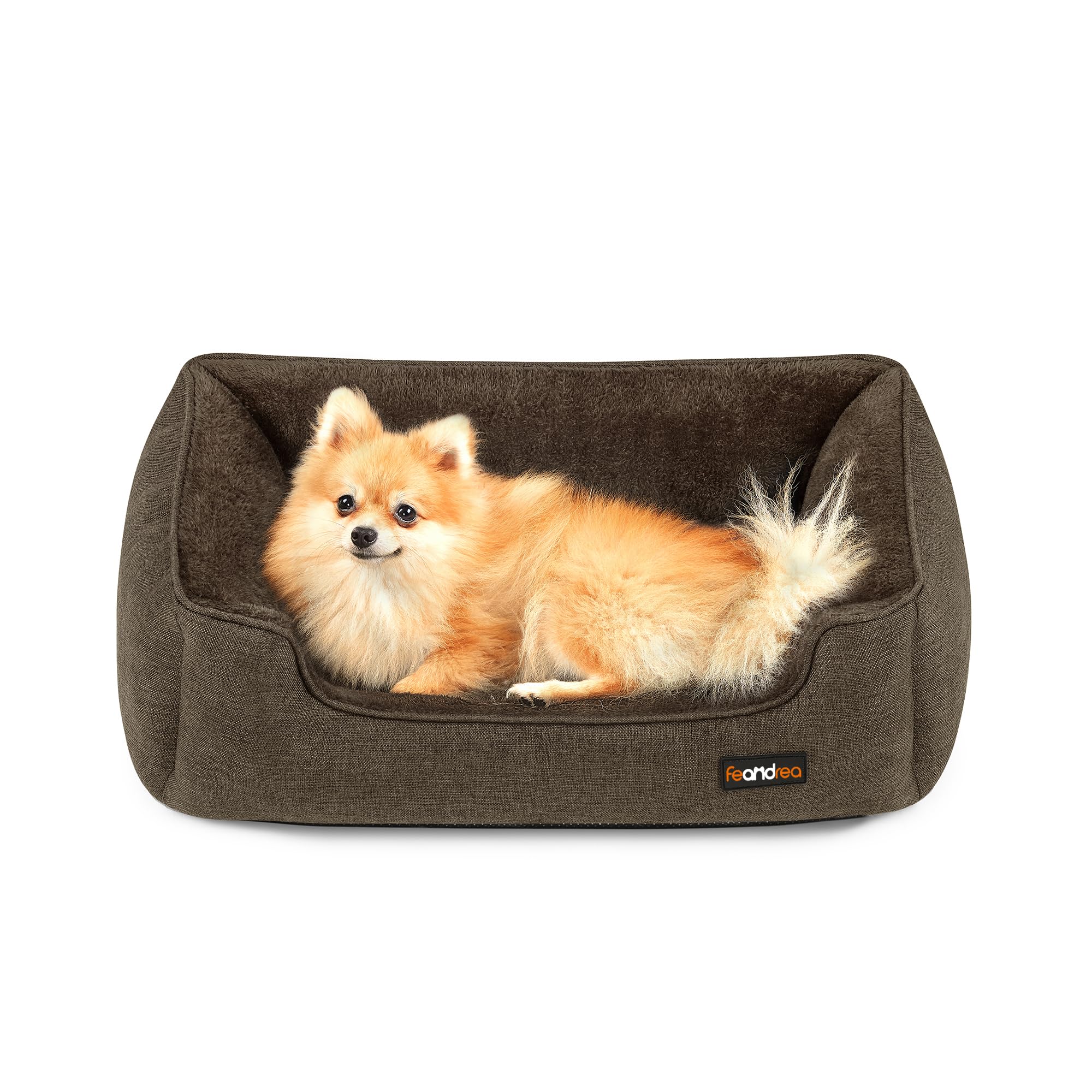 FEANDREA Cama para Perros, Sofá de Lino para Mascotas, Bordes Elevados, Fondo Antideslizante, Funda Extraíble para Lavado, Tamaño M para Perros Pequeños, 70 x 55 x 21 cm, Marrón PGW10CC