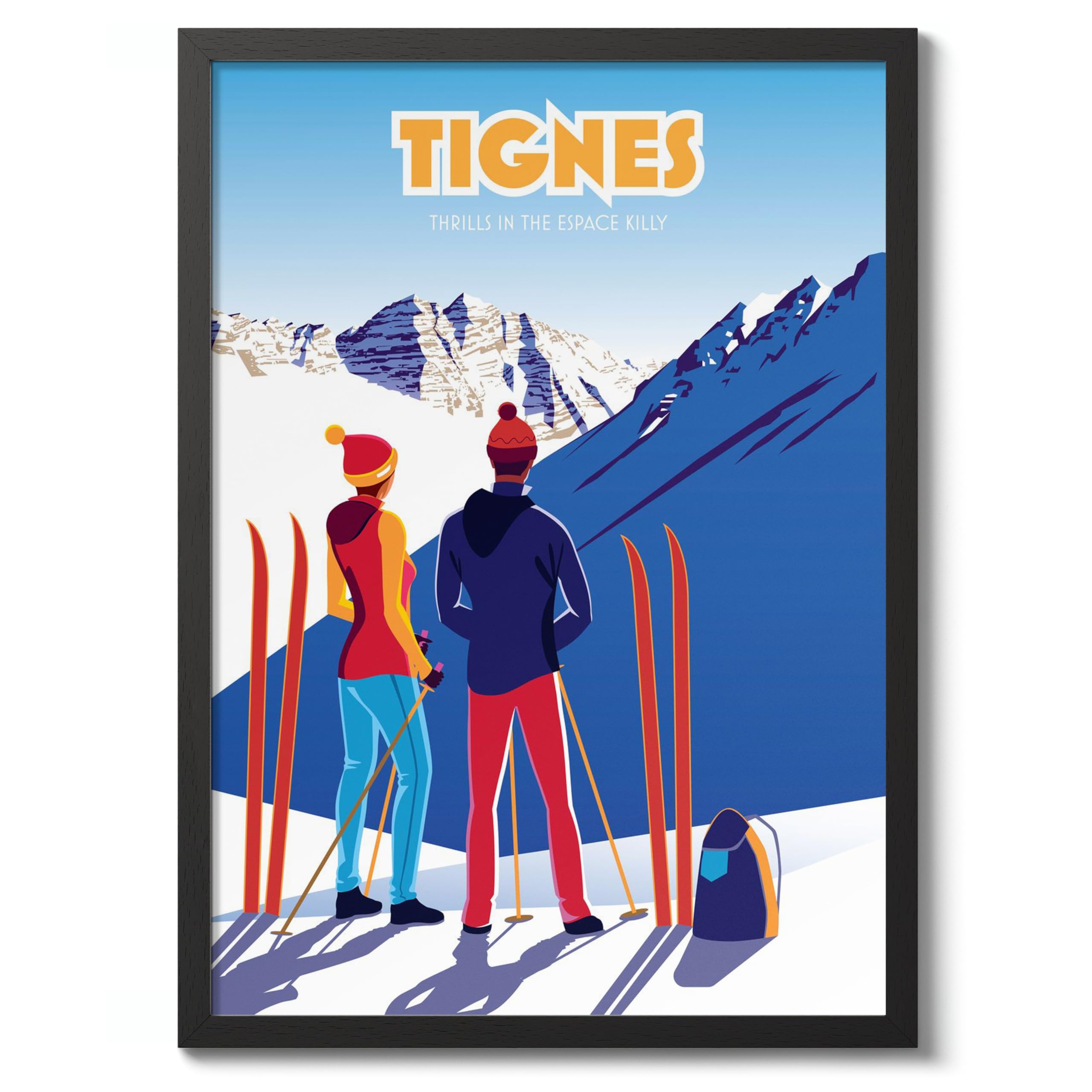 Tignes Vintage Skiing Poster, Minimalist Wall Art, Mountain Travel Prints, Snow, Ski Trip Home Decor, A2 (Black Frame) - 62.5x45.1cm