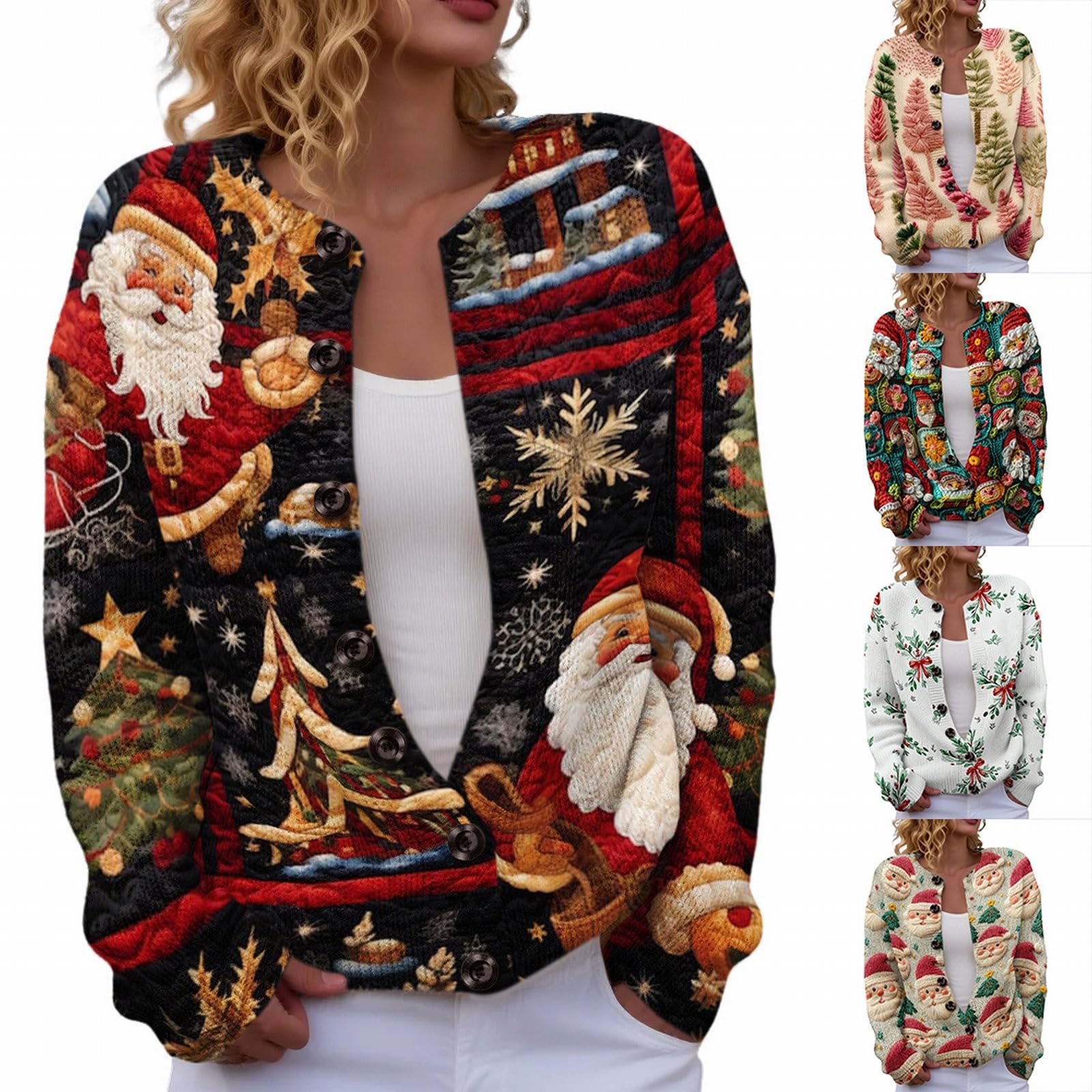Cardigan De Noël Femme à Boutons - Imprimé Sapin De Noël - Laine Acrylique Douce - Taille S à XXL