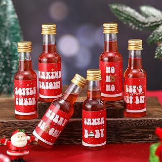 Meanplan 30 Pcs Christmas Liquor Bottles Bulk 1.7 oz Plastic Mini Wine Beverage Christmas Bottles with Label Stickers Black Screw Caps and Funnels for Xmas Party Favors Decorations