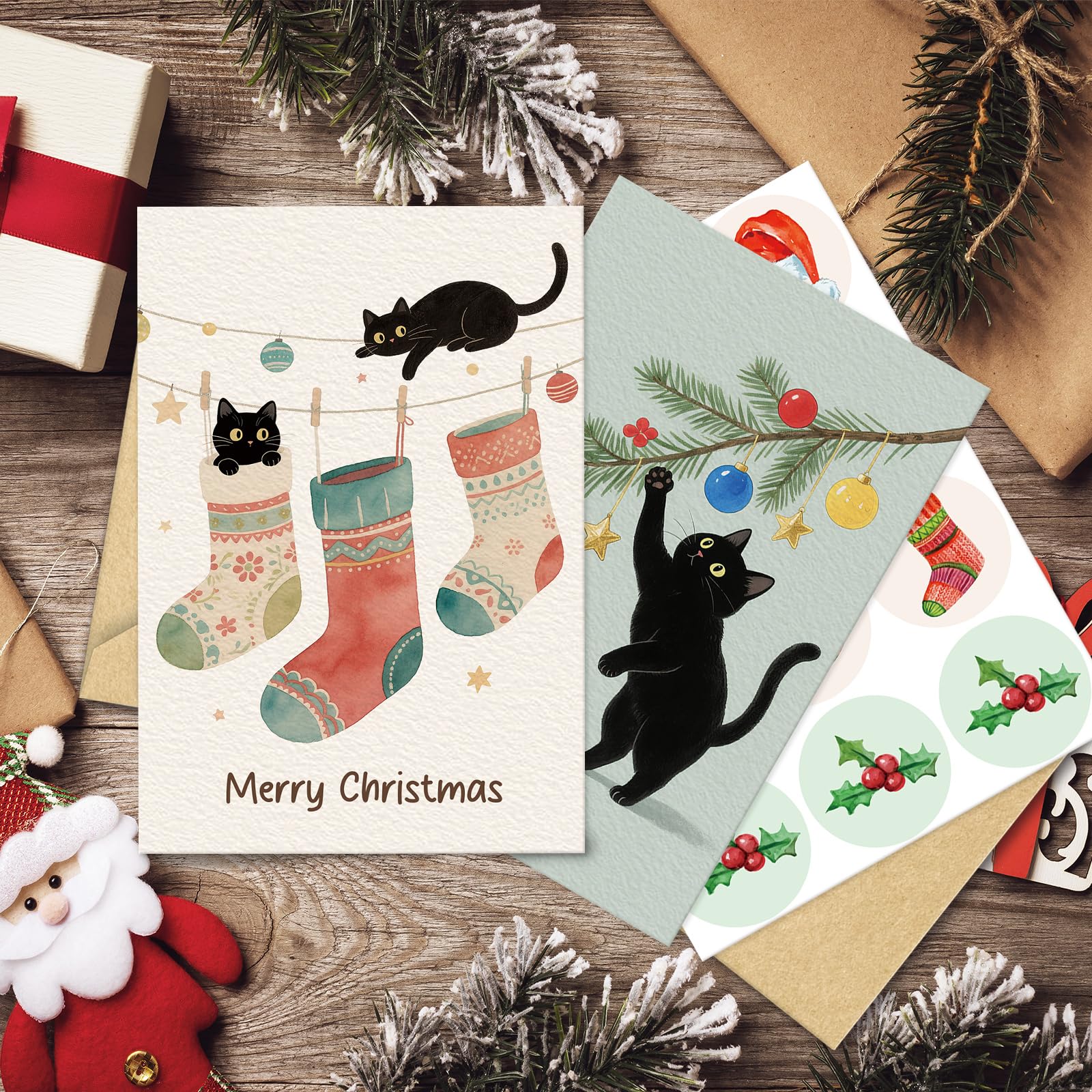 SuperShunhu Weihnachtskarten mit Katze, blanko, für Katzenliebhaber, festliches Urlaubsgrußkarten-Set mit Umschlägen und Aufklebern, 10,2 x 15,2 cm, 24 Stück