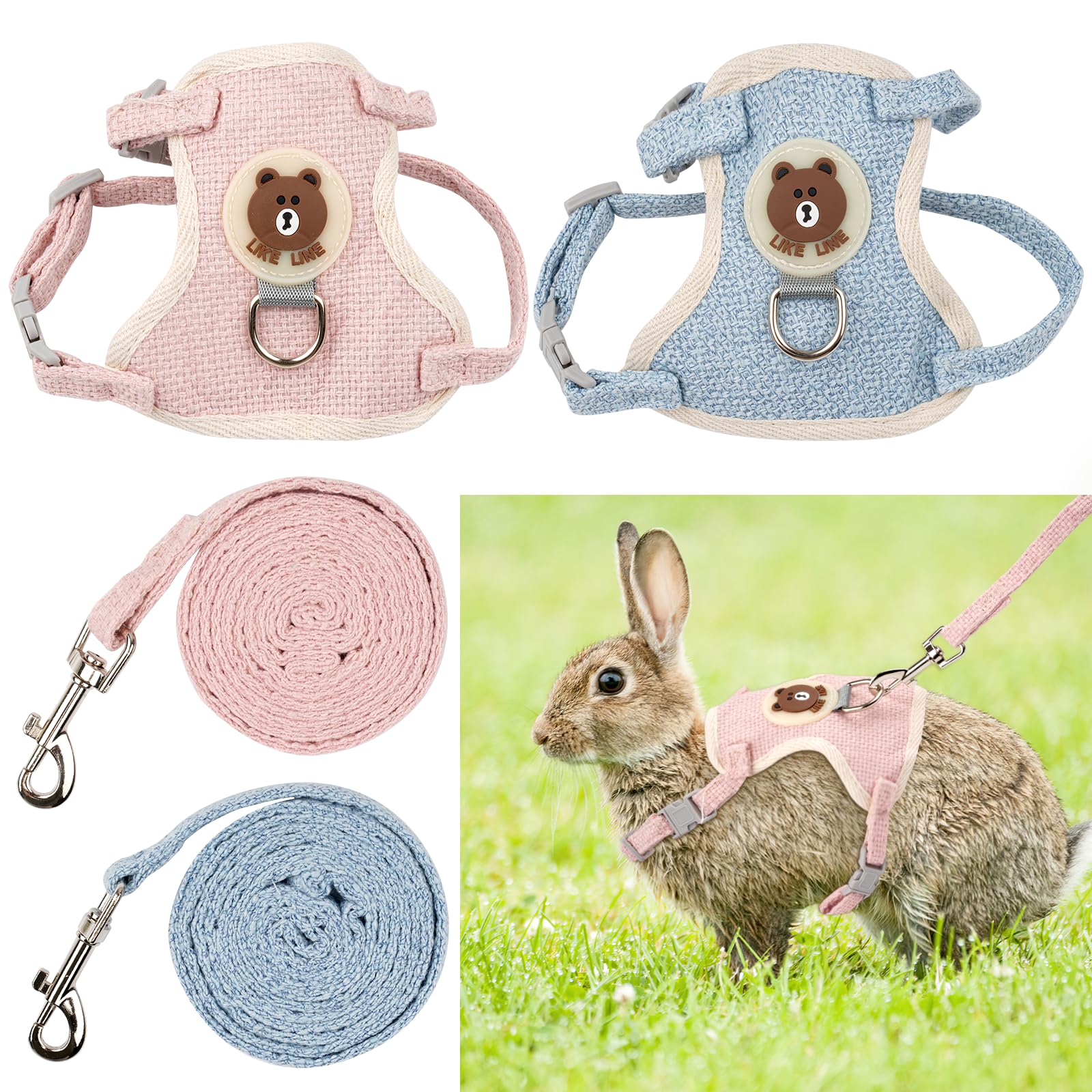 2 Stück Kaninchen Leine - Verstellbare 120cm Weiche Leine - Zubehör Und Geschirr Für Kaninchen, Katzen, Kleine Hunde Und Andere Kleine Haustiere (Blau Und Rosa)