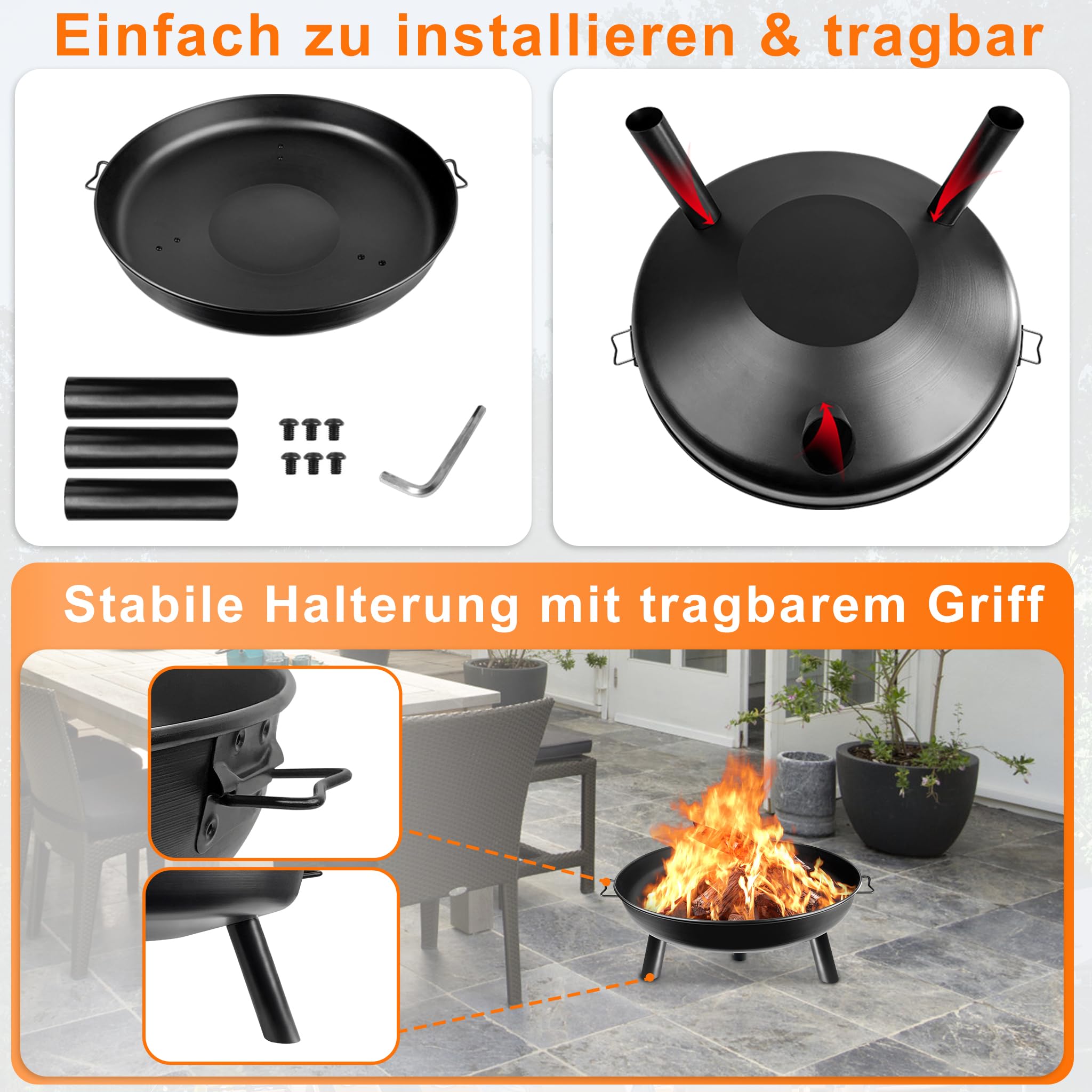 Feuerschale ∅80cm Montierbar Gusseisen-Metall Runde Feuerschalen für den Garten Terrasse feuerkörbe mit Griffen Große Feuerschale Feuerkorb Feuerstelle