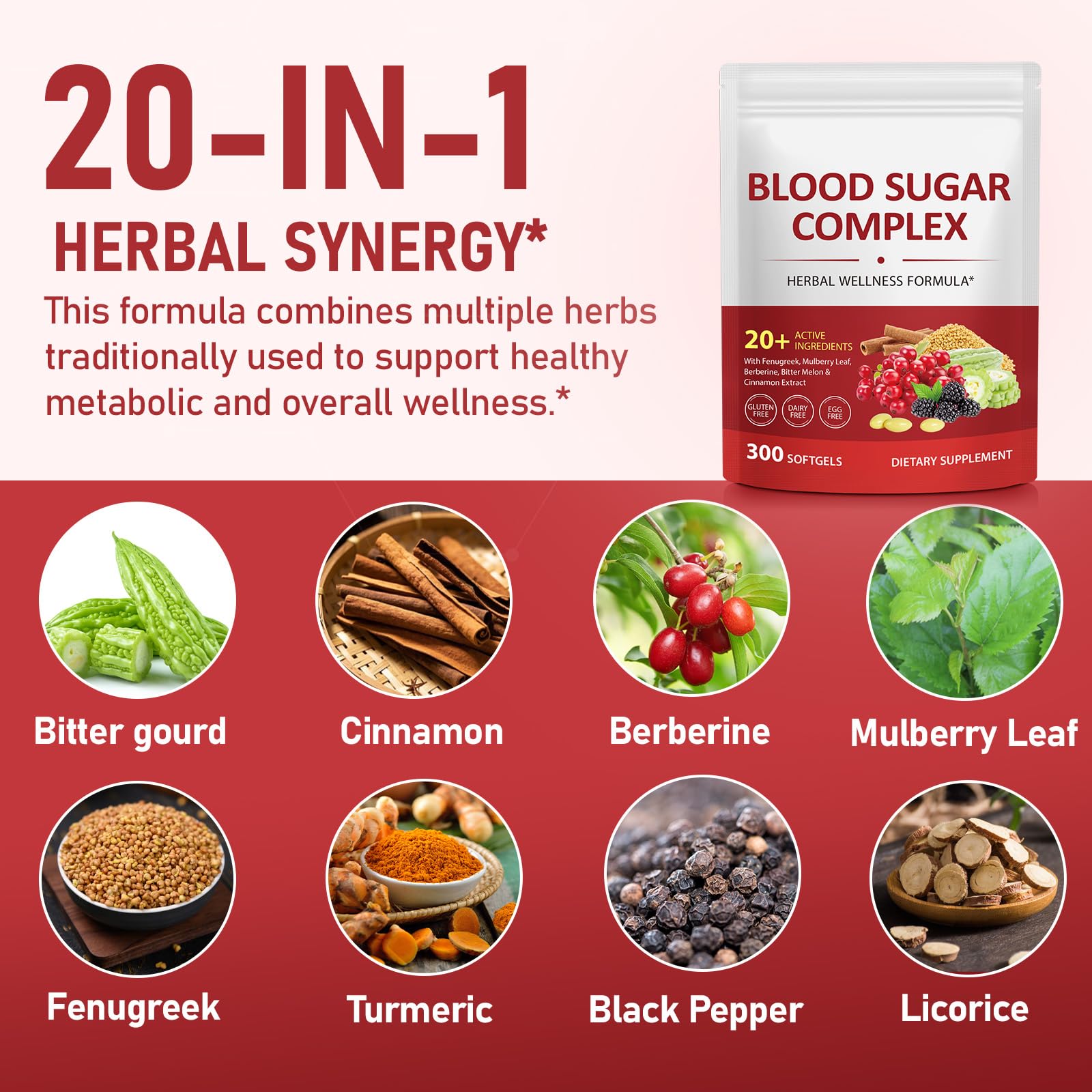 300 Softgels Blood Sugar Complex Supplement | 20+ Active Herbs-Berberine, Cinnamon, Bitter Melon, Mulberry Leaf, Fenugreek, Vitamins for Energy Level, Vitality Support | Clean Formula — Amazon image 2