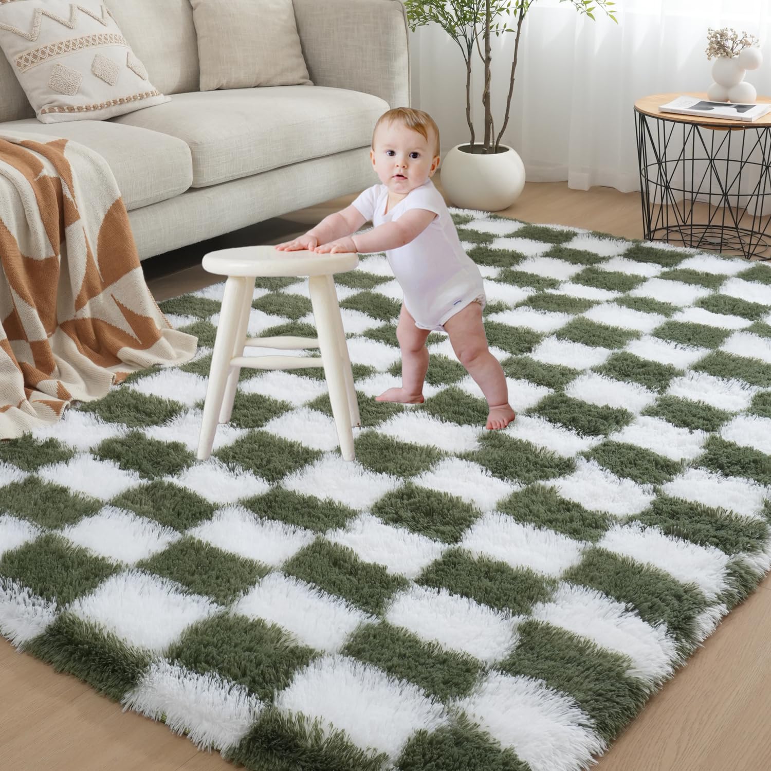 Gsogcax Checkered Rugs Living Room 4'×5.3' Super Soft Fluffy Area Rugs for Bedroom Shaggy Anti-Skid Comfortable Large Rugs Indoor Modern Home Decor Floor Carpet - Green & White 120x160 — image 1