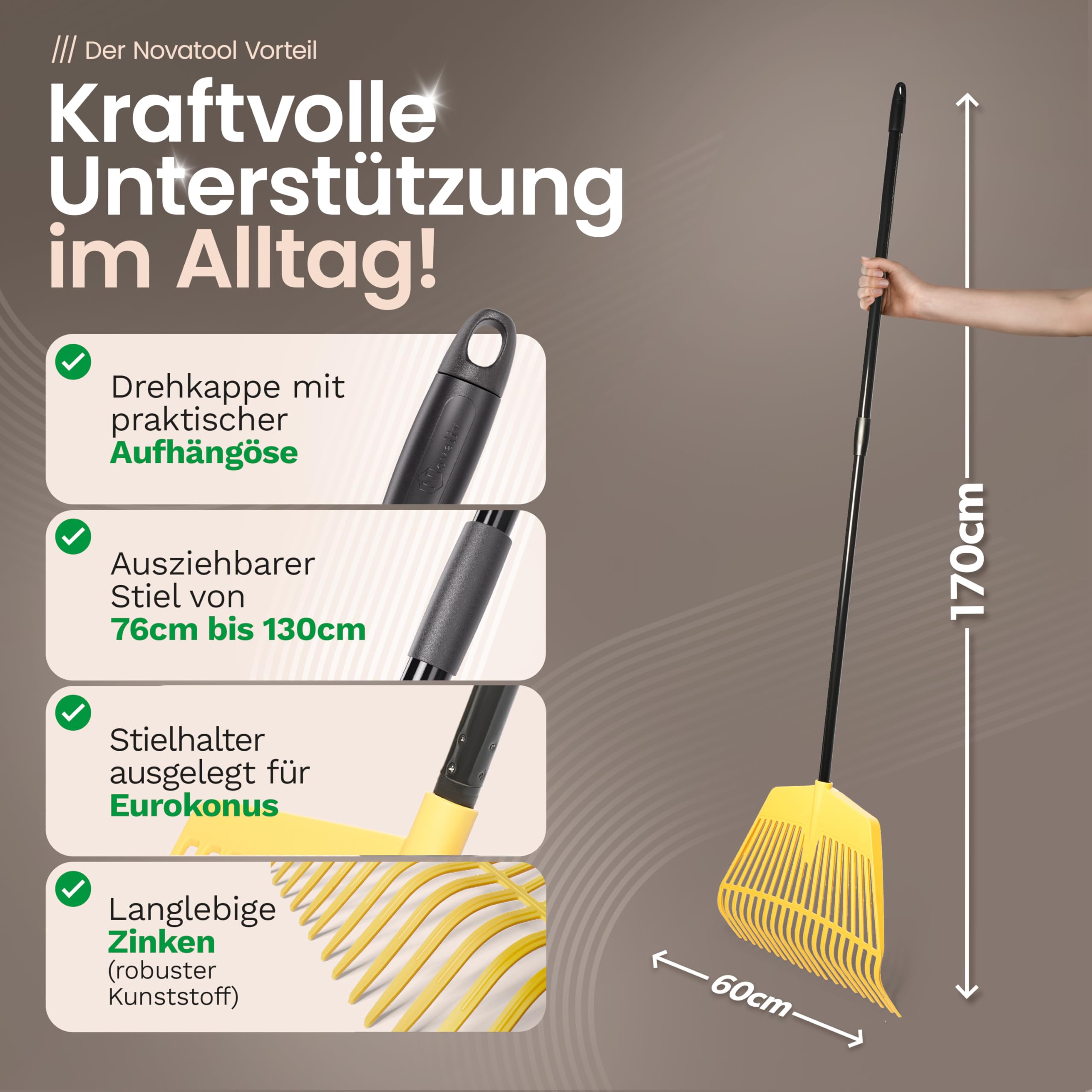 Novatool 2 escobas con mango telescópico de hasta 152 cm, dispositivo combinado 2 en 1, escoba y tenedor con 20 dientes de plástico, ancho de trabajo de 45 cm, rastrillo de jardín, rastrillo de césped