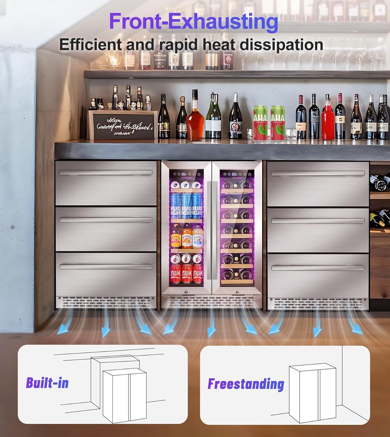 3 Drawer Outdoor Beverage Refrigerator Undercounter, Hold 180 Cans 24 inch Weather Proof Stainless Steel Beverage Fridge, Built-in & Freestanding Beverage Cooler Fridge for Soda, Beer, Fruit