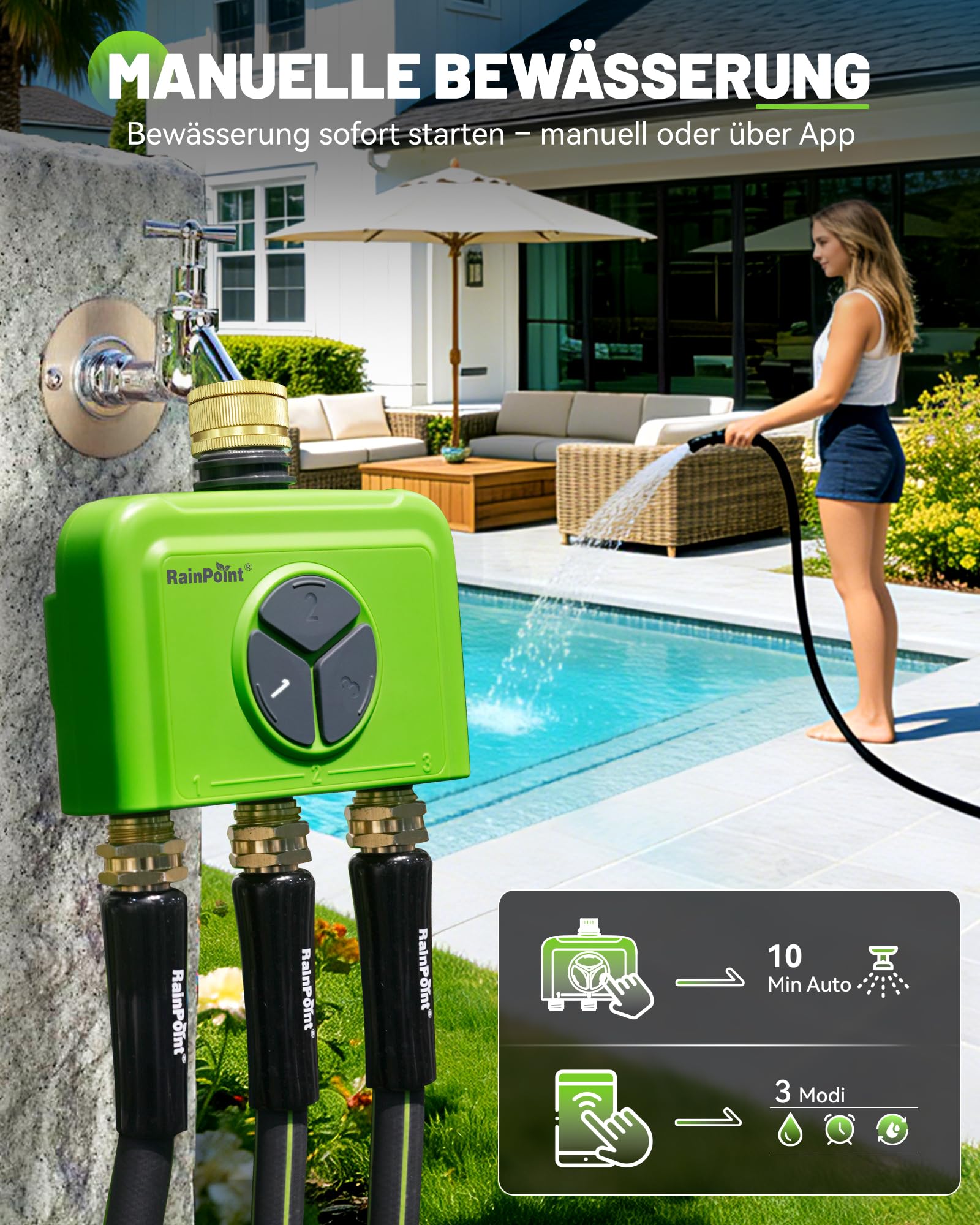 RAINPOINT Bewässerungscomputer WLAN 3 Ausgänge mit Gateway, Messing EIN- und Ausgang, App- & Sprachsteuerung, Automatische Regenverzögerung Bewässerungssystem für Garten und Rasen