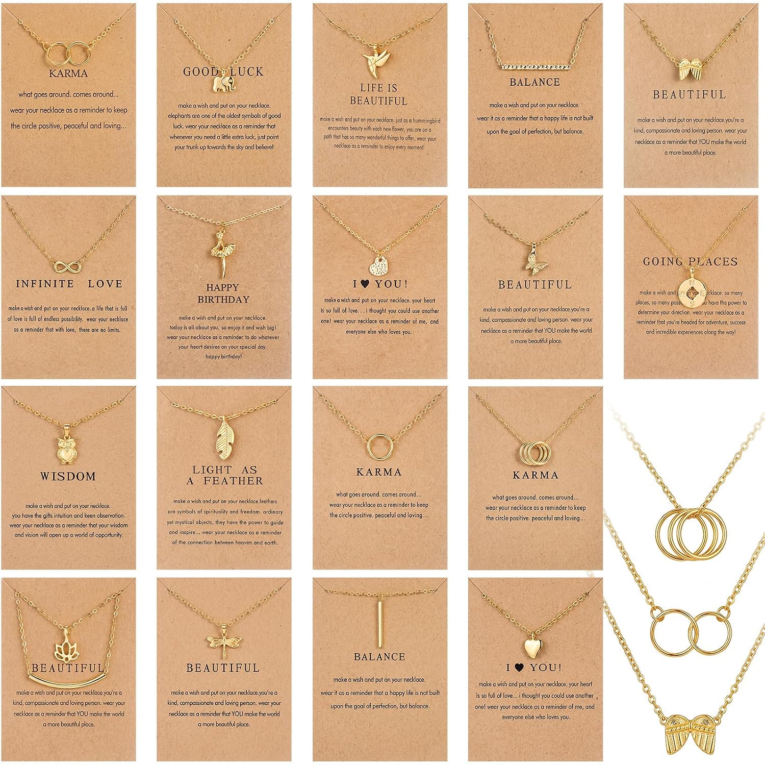 Huwena 18 Sets Inspirational Gift Necklace Set with Meaningful Message Cards, Dainty Pendant Necklaces Bulk for Women Girls, Karma Balance Love Wisdom Meaningful Jewelry for Birthday Everyday Wear
