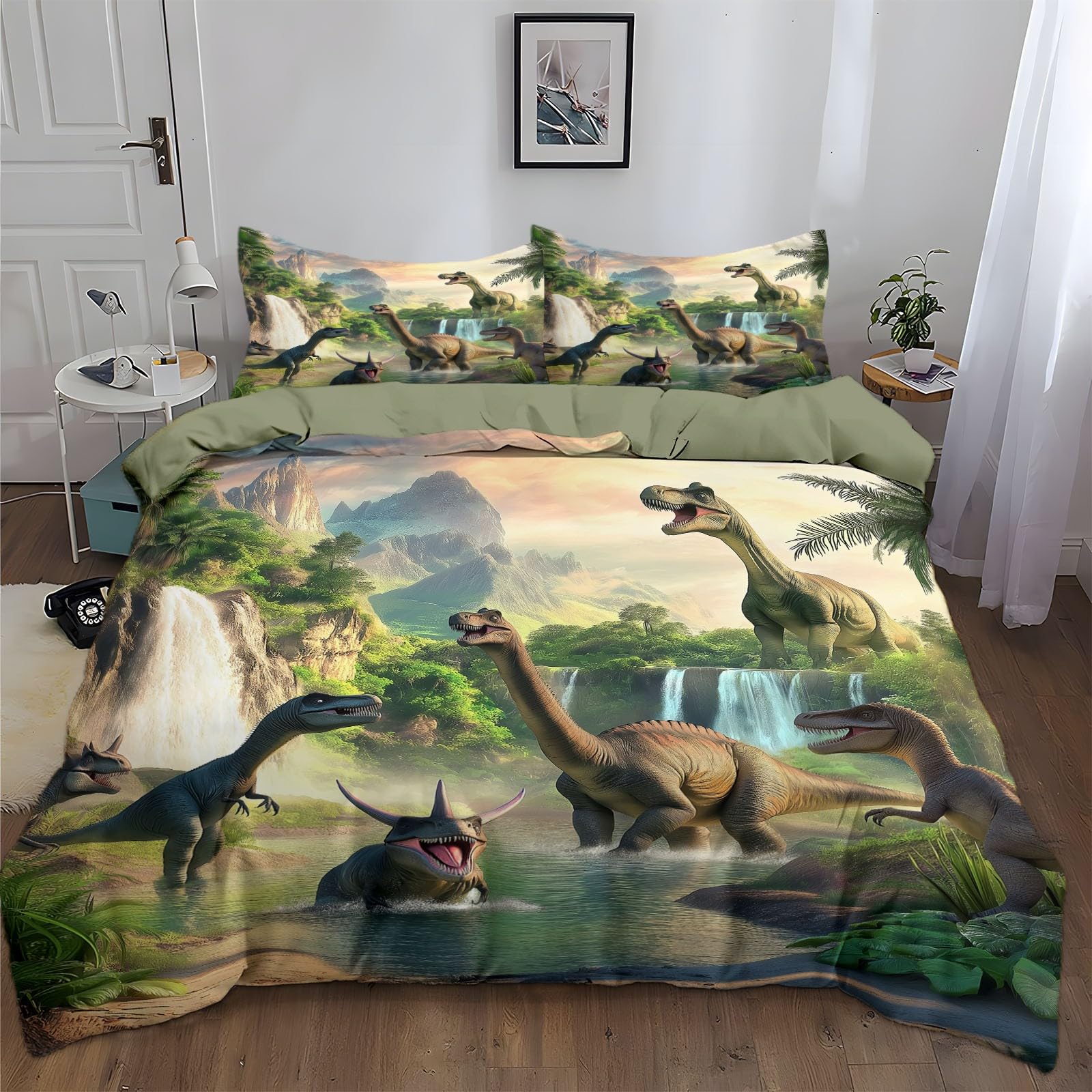 Dinosaure Dessin Animé Housse de Couette 1 Personnes 140 x 200 cm pour Ado Fille Enfants, Cascade Forêt Parures de Lit Hypoallergique en Microfibre avec Fermeture Éclair et 2 Taies d'oreiller