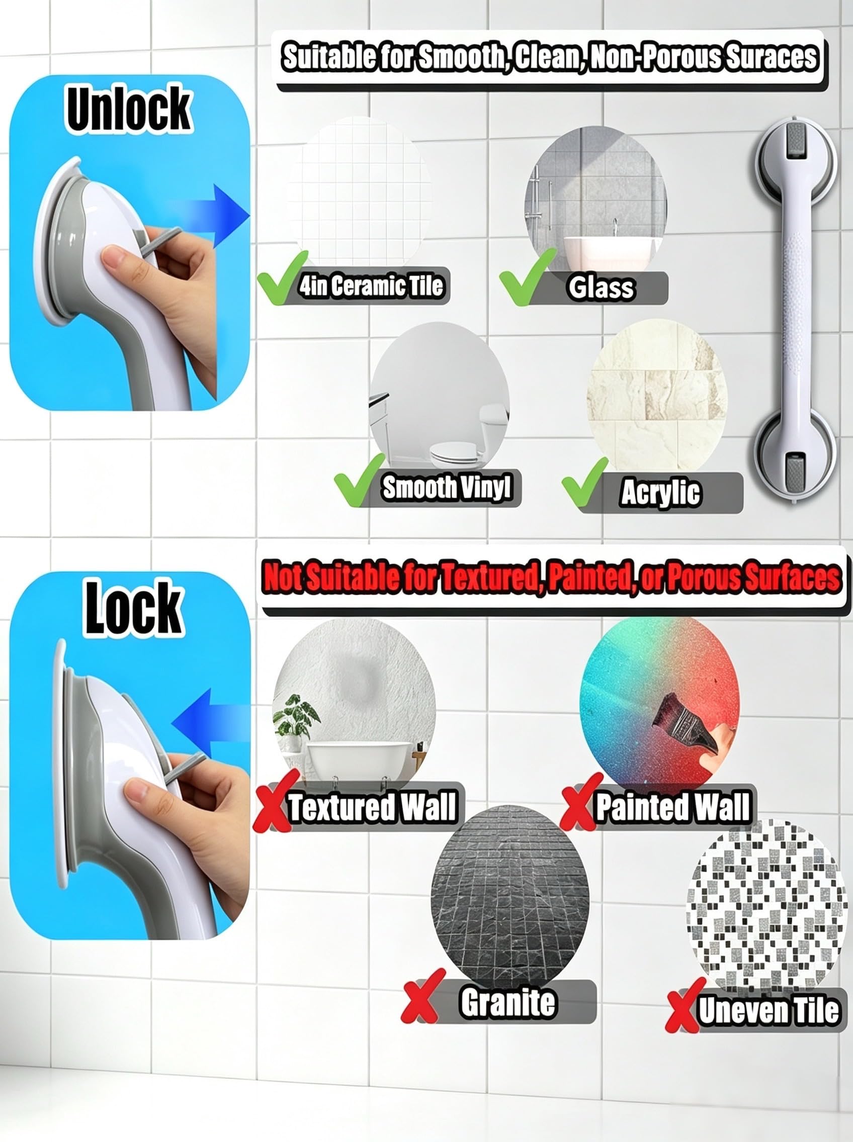 Lot de 2 barres d'appui à ventouse pour douche, 41,45 cm, poignées de douche pour personnes âgées, barres d'appui de salle de bain pour personnes âgées, barres d'appui de douche à ventouse très