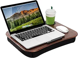 LAPGEAR Cup Holder Lap Desk with Device Ledge - Espresso Woodgrain - Fits up to 14 Inch Laptops - Style No. 46324