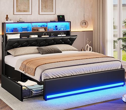 BTHFST Base de cama Queen con 4 cajones y cabecera de almacenamiento oculta, marco de cama LED tamaño Queen con estación de carga, cama tapizada con
