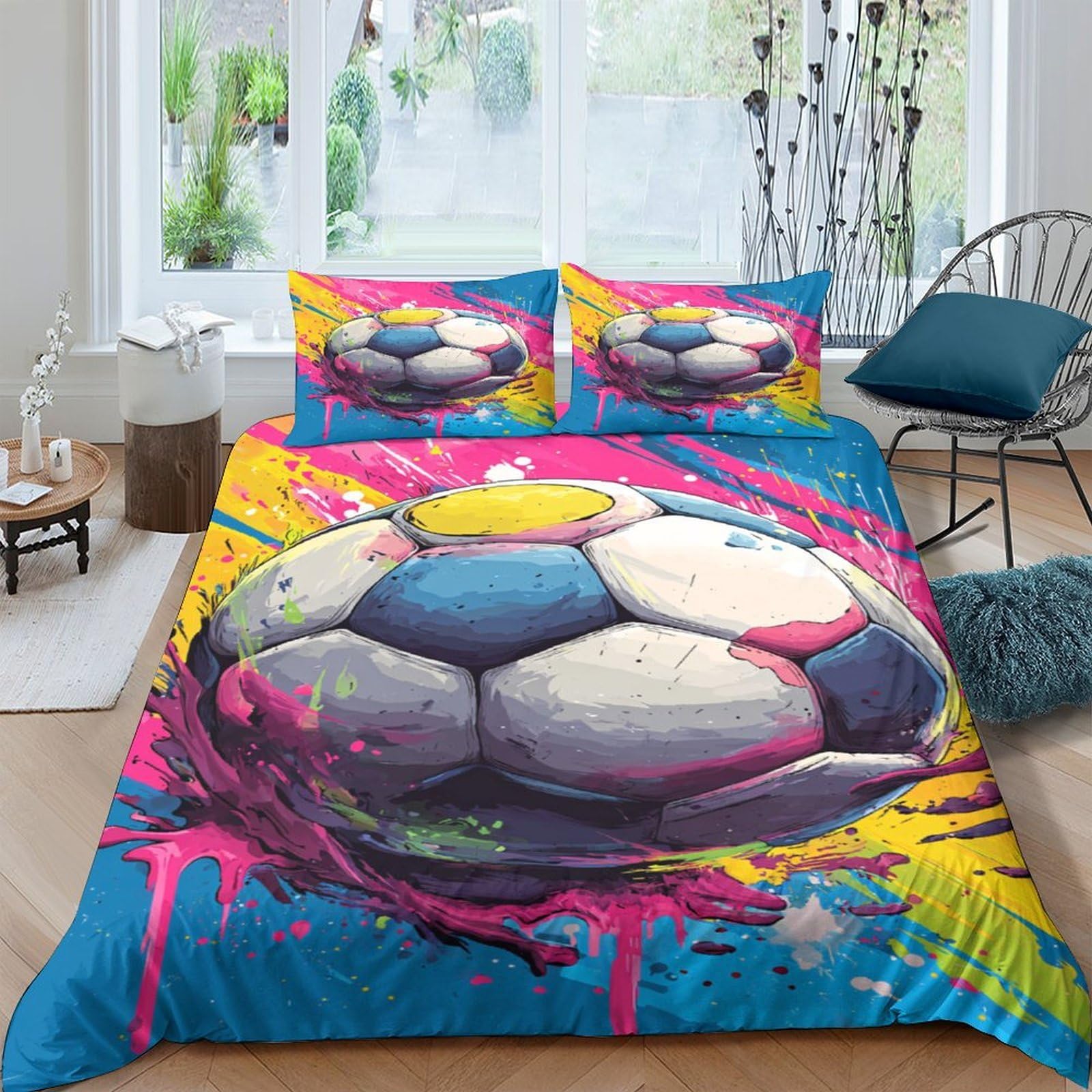 3D Printed Graffiti Soccer Duvet Cover Microfiber Soft Breathable Street Art Bedding Set with 2 Pillowcases for Bedroom Decor Single（135x200cm）