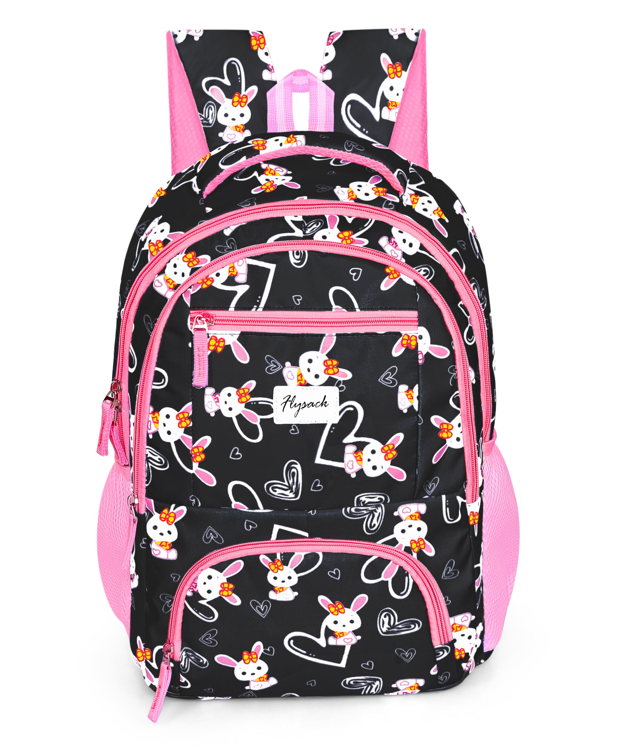 Flyspack School Backpack, Black with Pink Trim, Bunny Print Pattern, Multi-Compartment Design-image-38