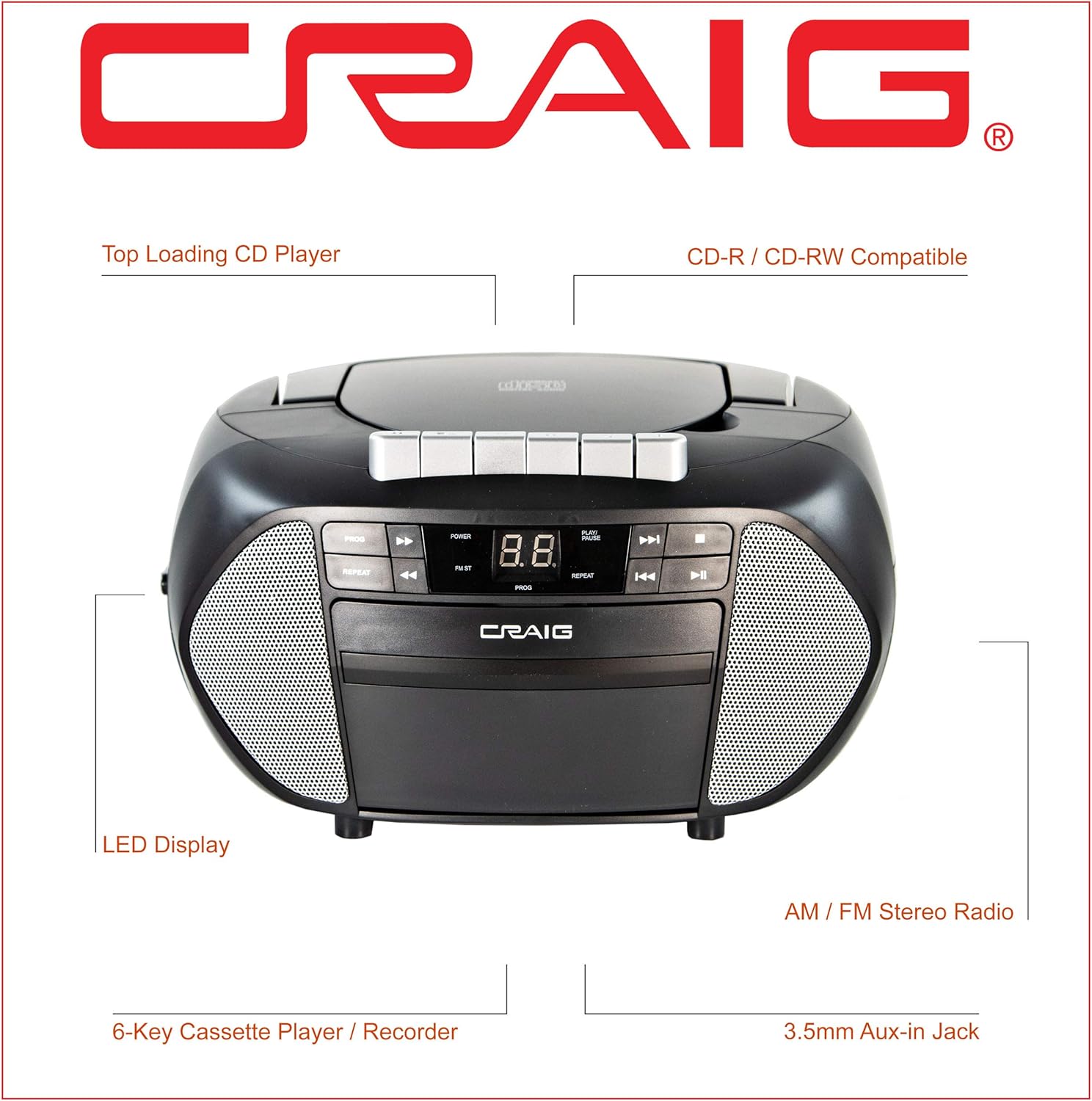 Best Deal 🛒 Craig Electronics CD6951-SL CD Boombox with AM/FM Stereo Radio and Cassette Player/Recorder