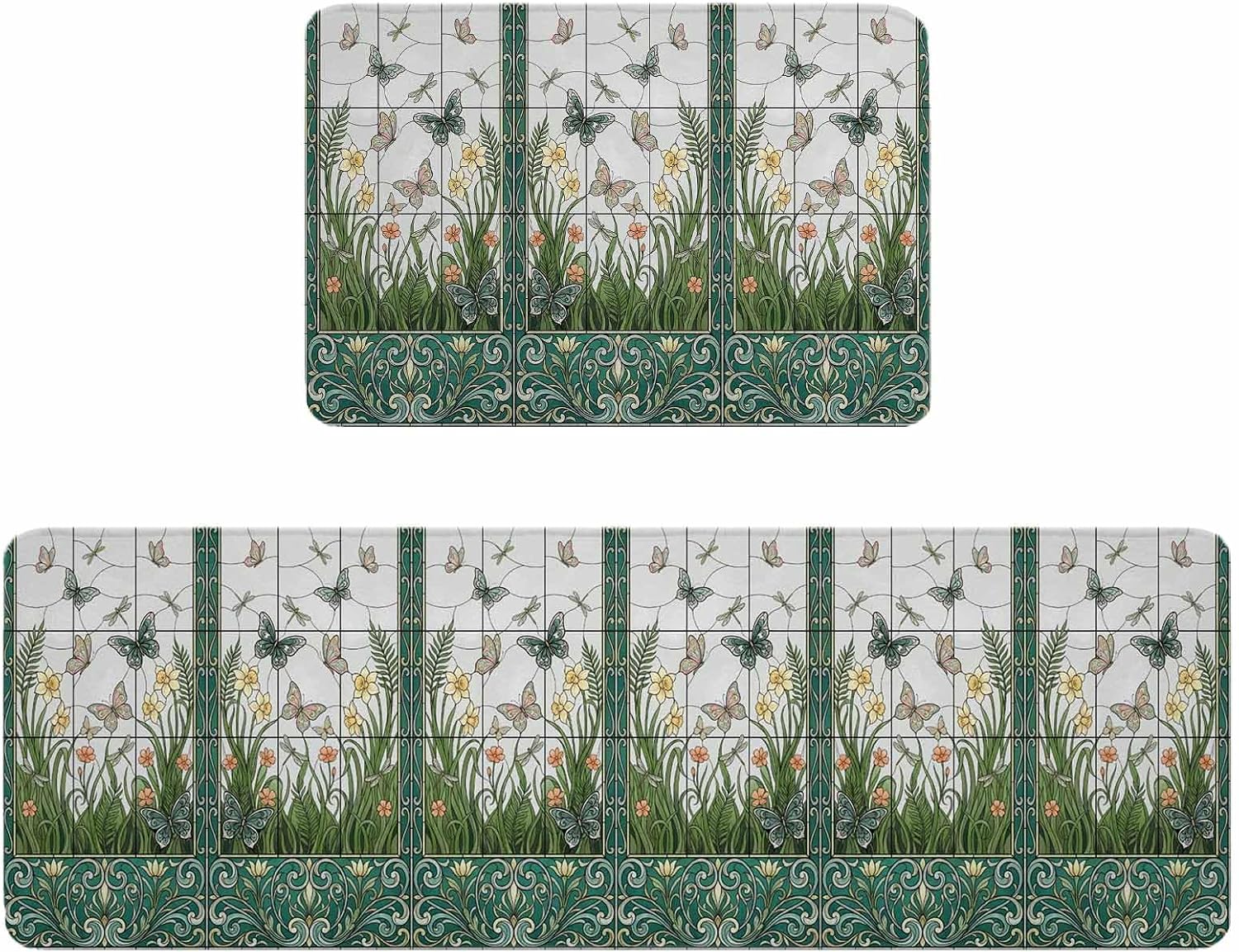 Stained Glass Kitchen Rugs and Mats Set of 2, Non-Slip Kitchen Sink Mat, Butterfly Flowers Spring Watercolor Plant Washable Doormat Bathroom Rugs Runner for Bedroom/Living Room 23.6"x35.4"+23.6"x70.9"