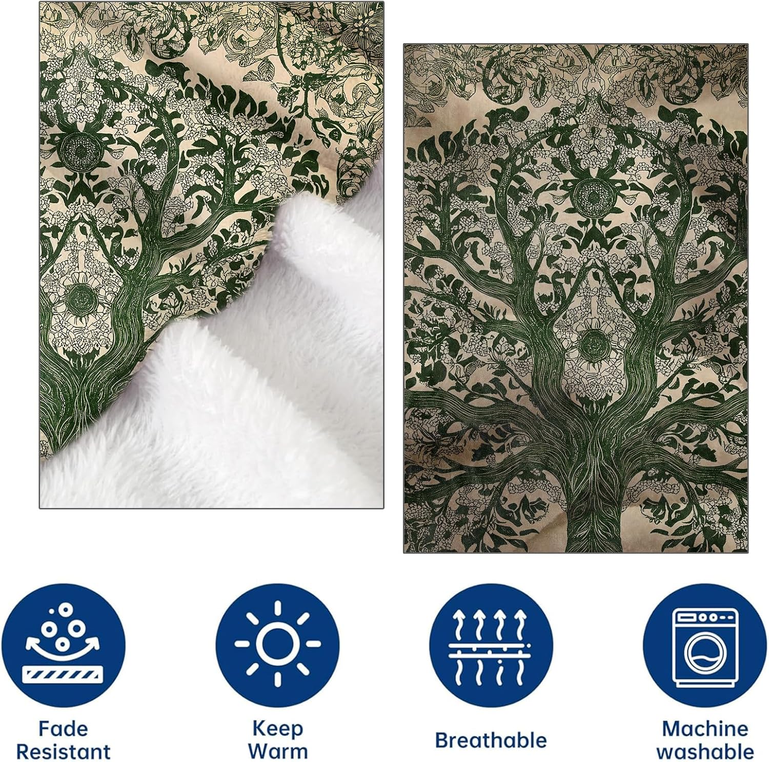 Tree of Life Flannel Throw Blanket 50x60 Inch, Green Botanical Design on Beige Background Blankets Soft Cozy Fleece Throws for Adults Bed Sofa Dorm Living Room Boho Home Decor Gifts - Image 4