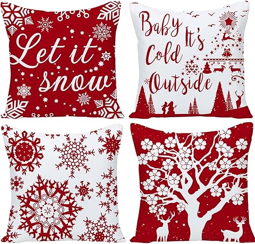 Fundas de almohada navideñas de 22 x 22 pulgadas, diseño de copos de nieve con diseño de copos de nieve Let It Snow Deer de terciopelo suave Baby