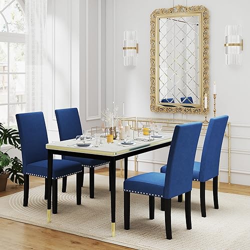 Miniatura 8 de LSSPAID Juego de 4 sillas de comedor tapizadas de tela con ribete de cabeza de clavo y patas de madera maciza para el hogar y la cocina, color azul