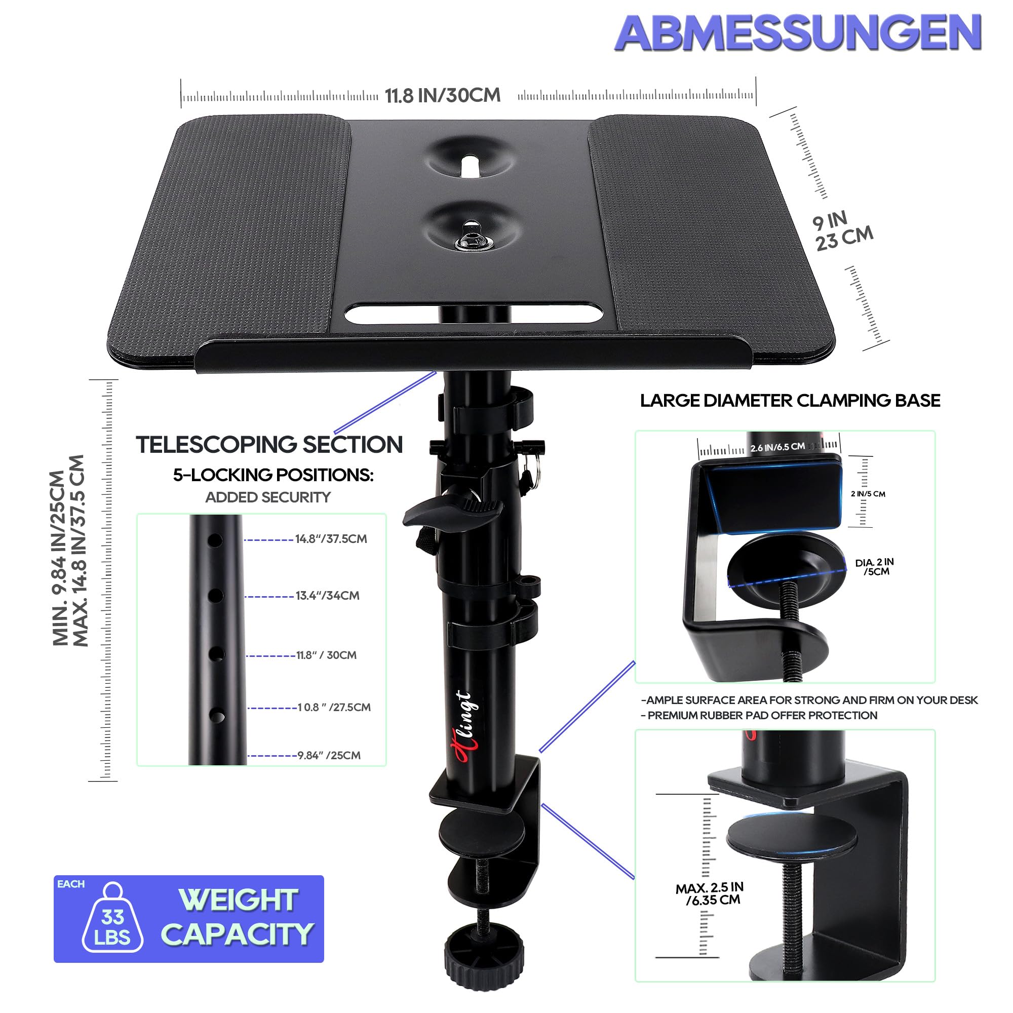 Studio Monitor Ständer, Lautsprecher Tischhalterung, Ständer für Lautsprecherboxen mit Tischklemme für Studiomonitore, Klemmhalterung, Drehbar, Neigbar, Höhenverstellbar, Schwarz