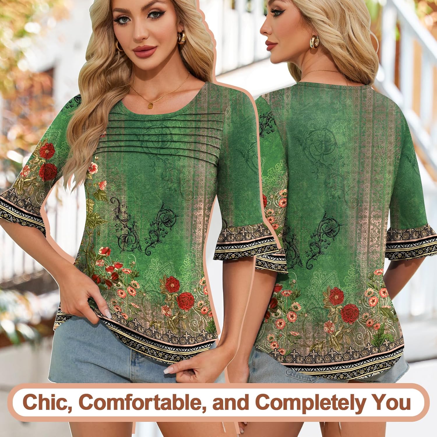 Blingfit Womens Tops 3/4 Length Sleeve Dressy Casual Shirts Bell Sleeve Front Pleated Fasion Trendy Summer Blouses 2026 - Image 3