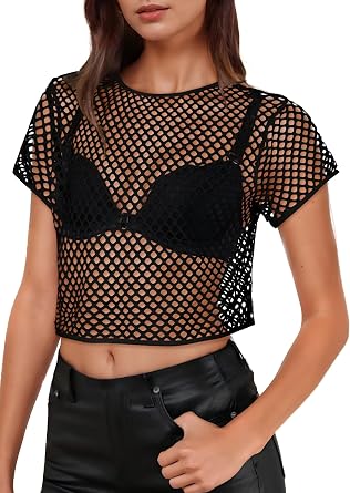 Womens Sheer Mesh Top Fishnet T Shirts Short Sleeve See Through Crop Tops